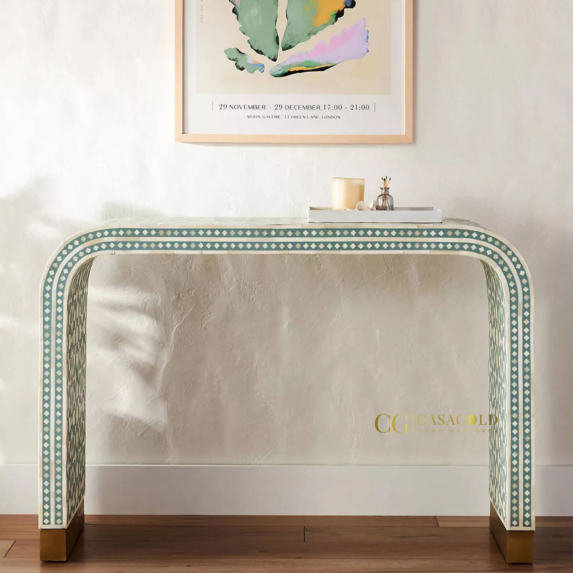 Light Green and White Bone Inlay Console Desk