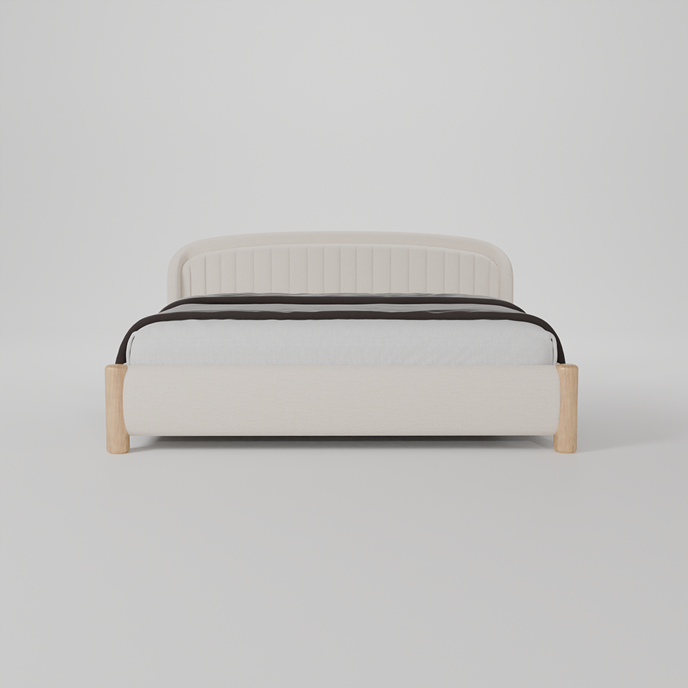 A modern low-profile platform bed with a cream upholstered headboard and footboard, supported by light natural wood legs, shown against a neutral light gray background.