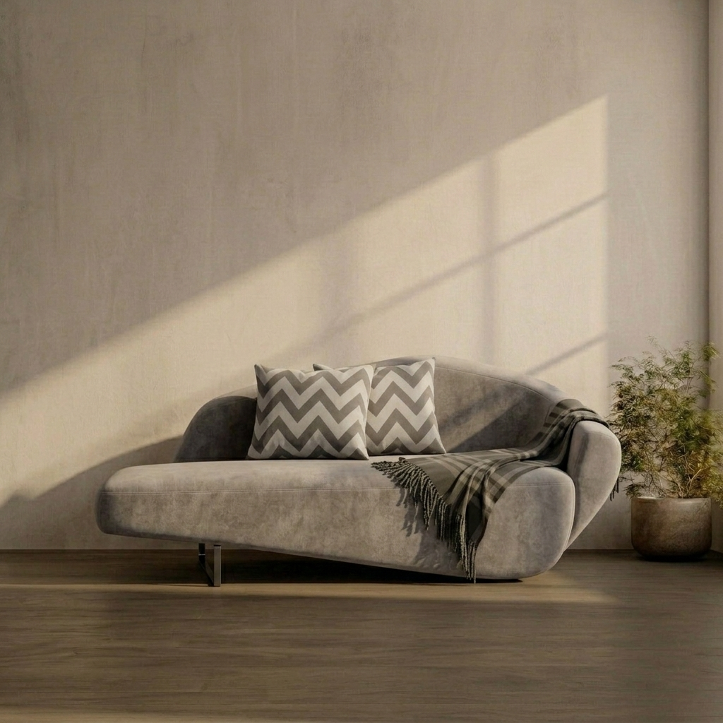 Gray sofa with patterned cushions in a room with sunlight casting shadows on the wall.