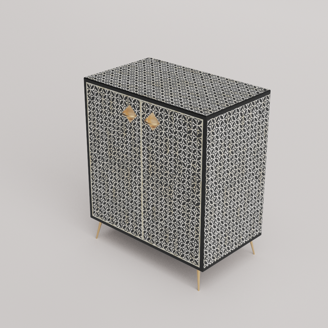 Luxurious black bone inlay storage cabinet with sleek detailing.