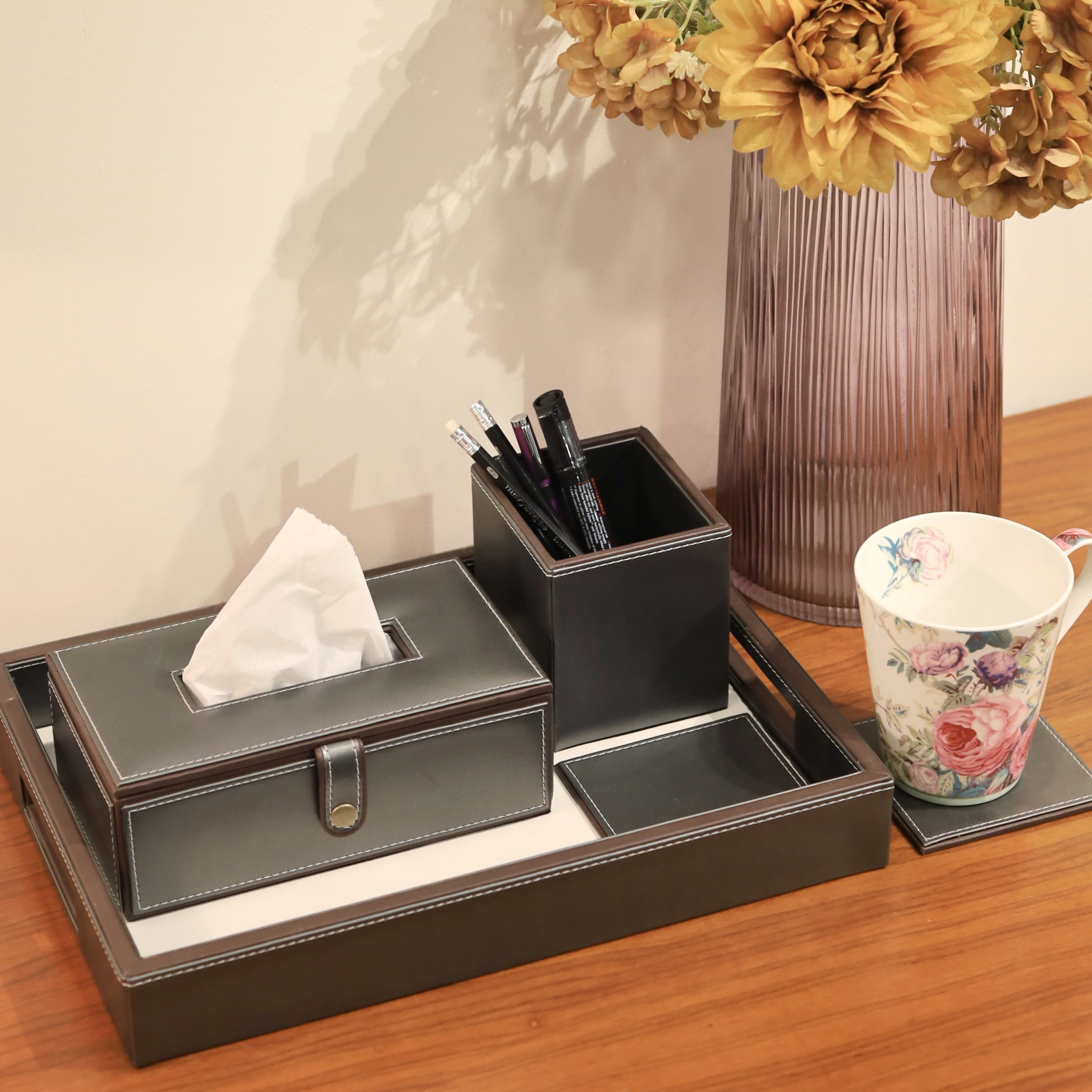 Luxury leather desk organizer with pen holder