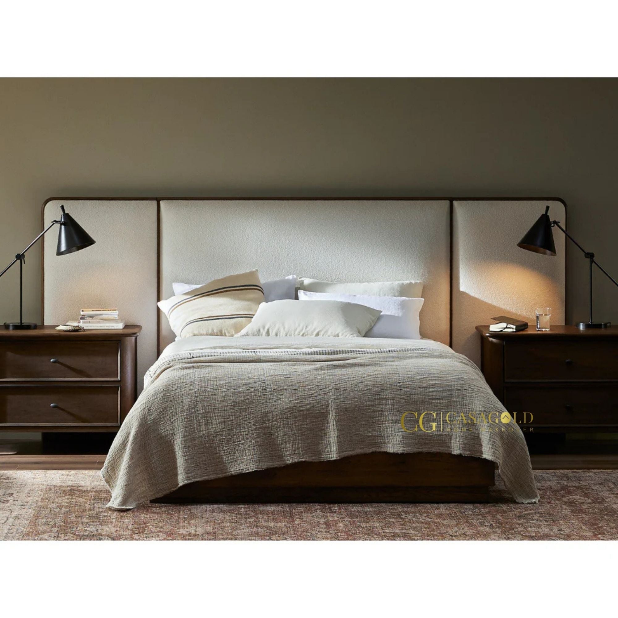 Elegant winged headboard bed with a rustic finish and clean-lined wooden base.