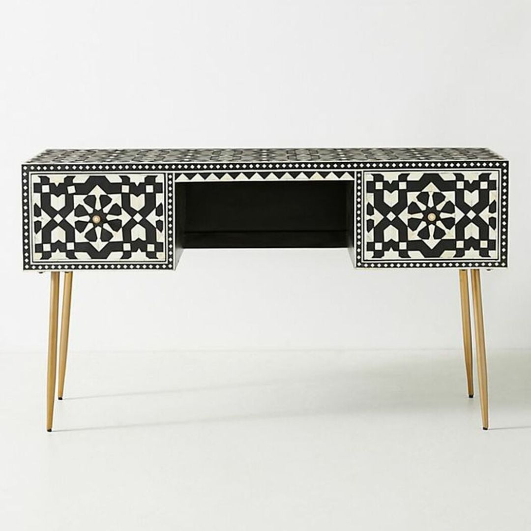 Luxurious bone inlay desk Black with gold accents and functional drawers