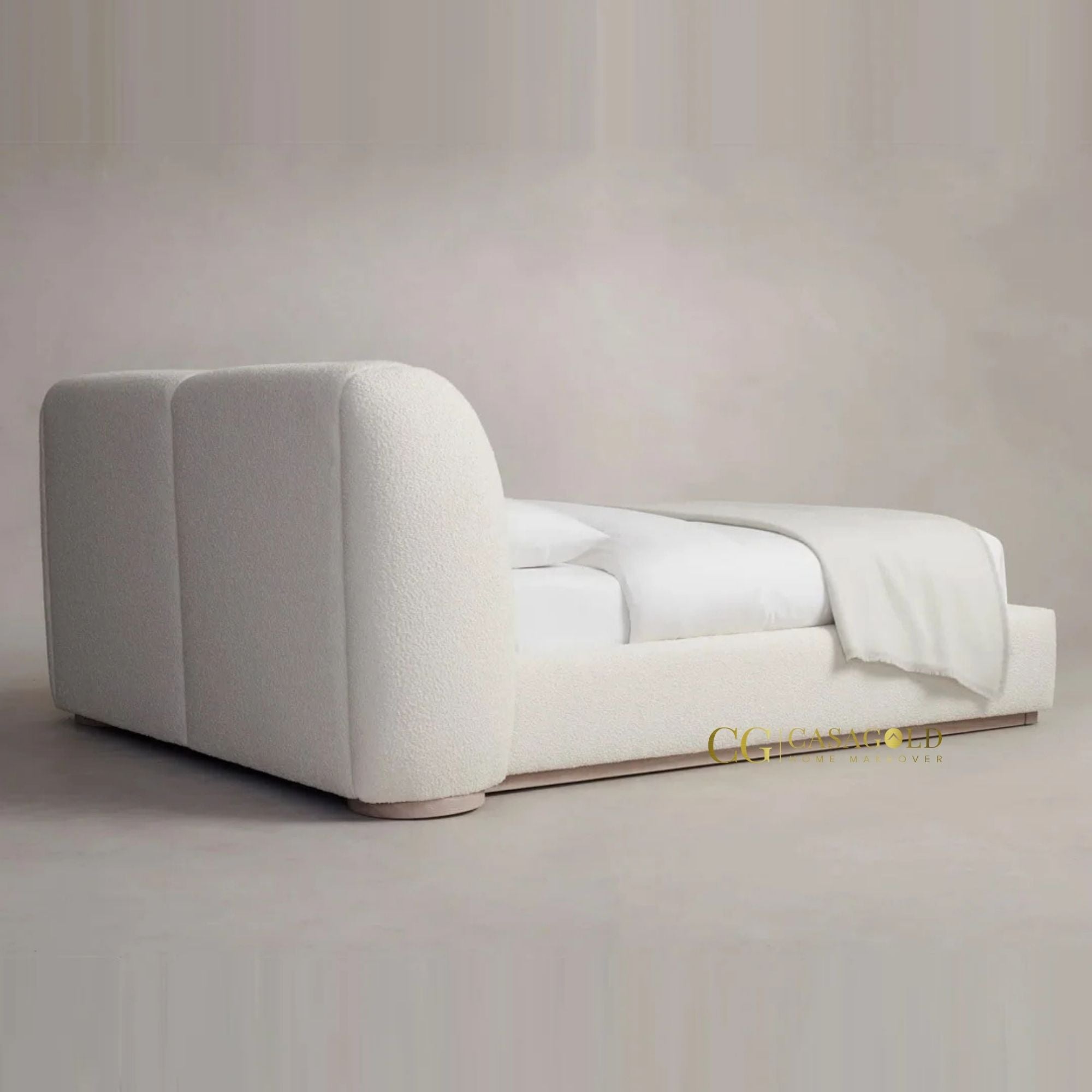 Durable Bouclé Bed with Sturdy Wooden Frame