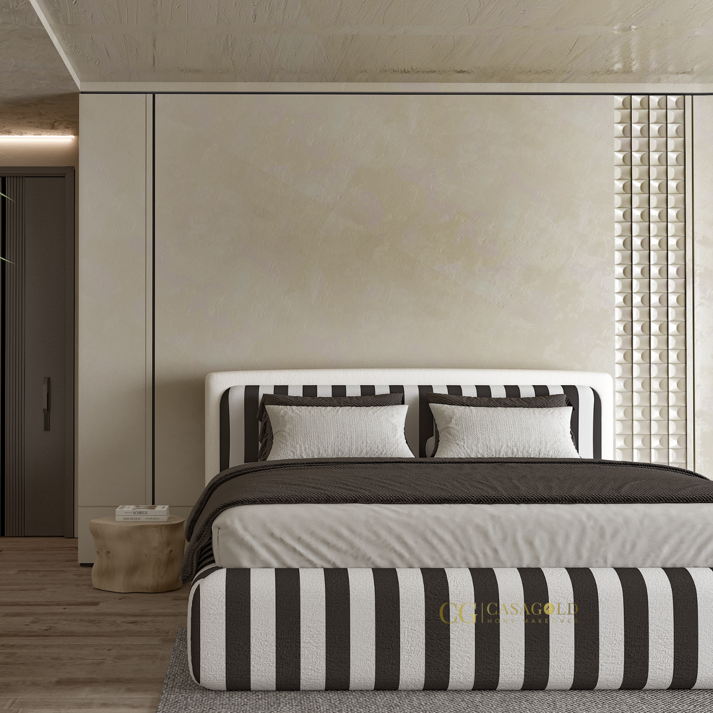 Modern bedroom featuring a black and white striped bed with Casa Gold branding and minimalist decor