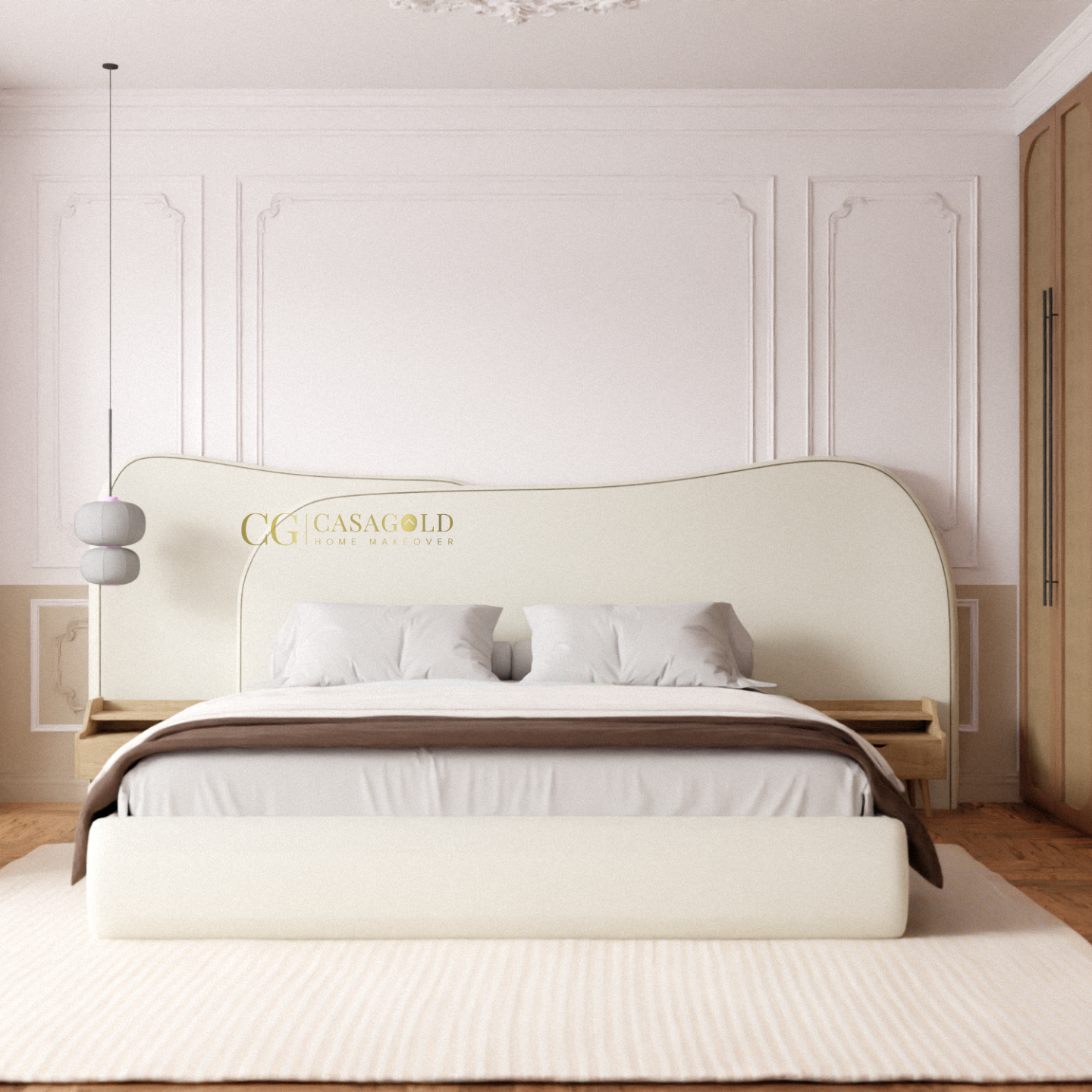 Luxury bed setup with pendant lighting and built-in nightstands