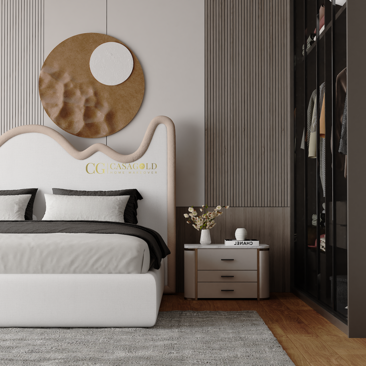 CasaGold designer bed with abstract wall art and matching nightstand