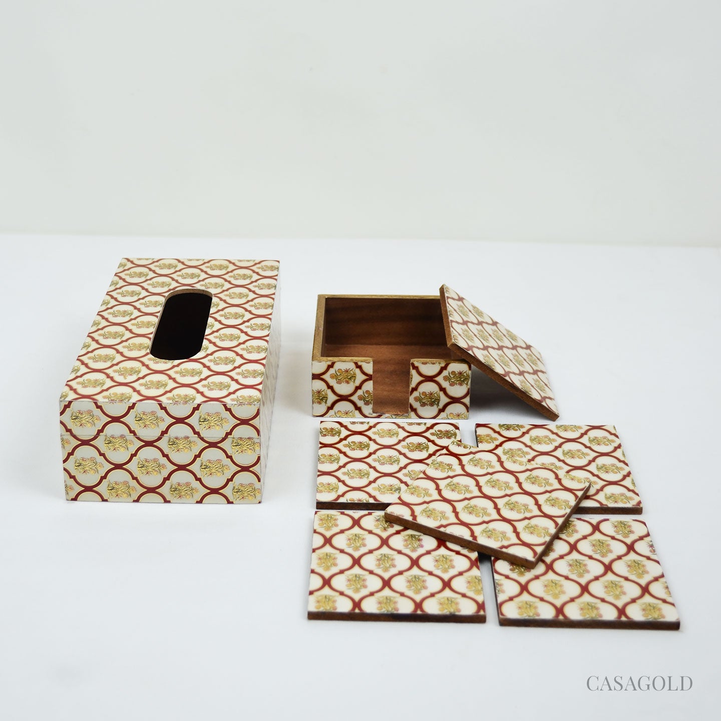 Coaster set with a Red tissue box