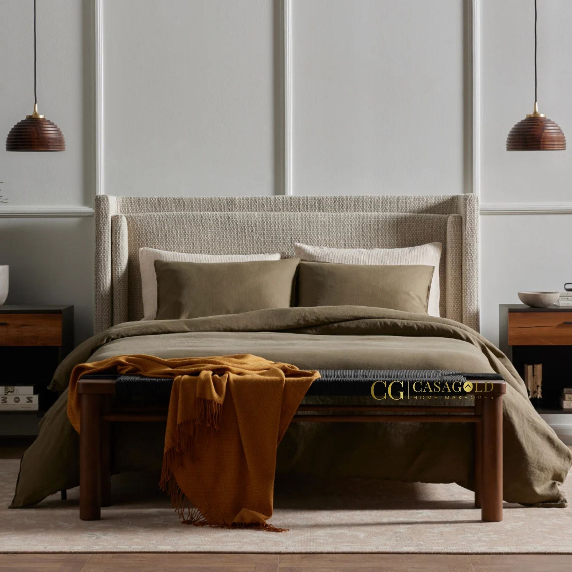 Stylish upholstered bed frame with a durable pinewood base and elegant gunmetal legs.