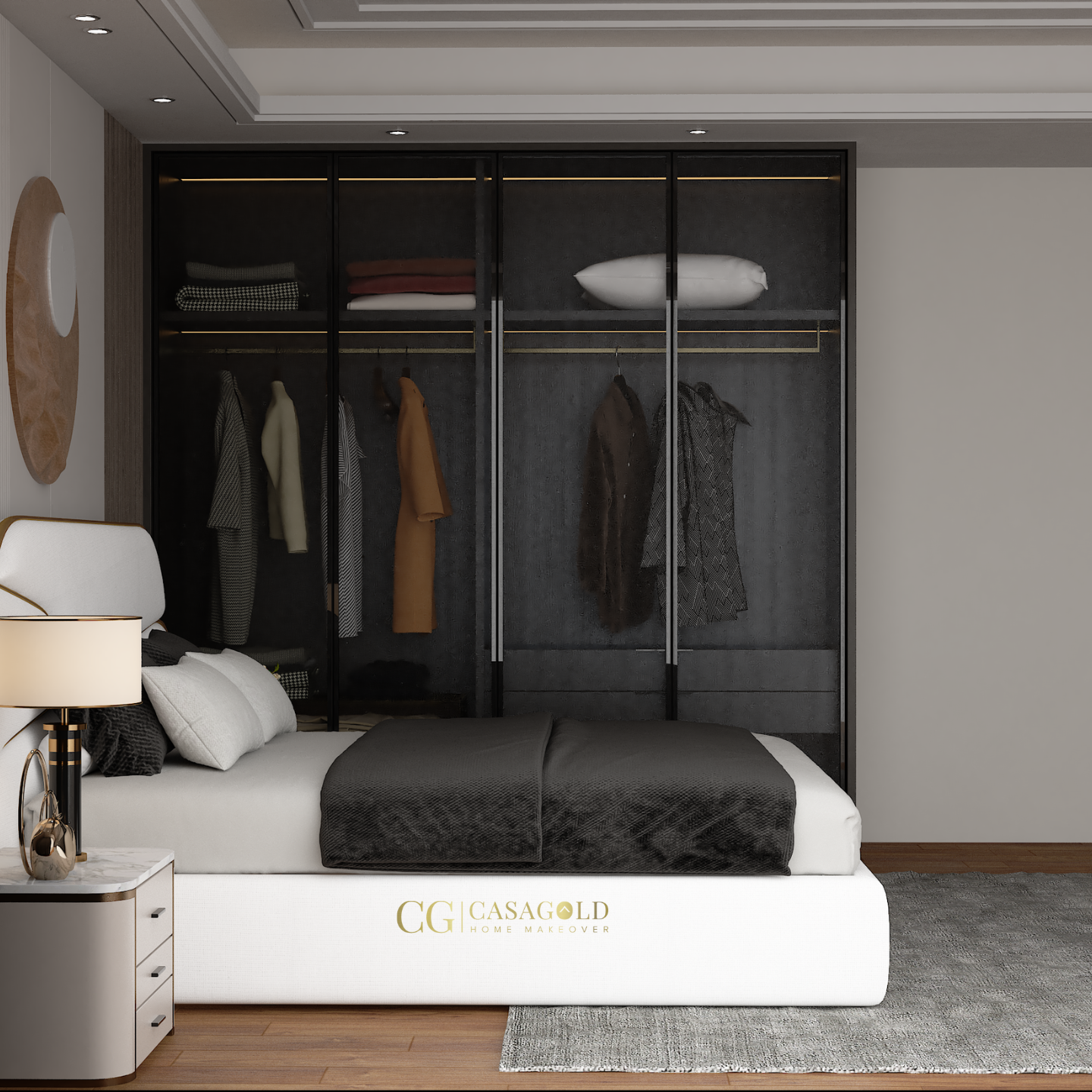 Luxurious bedroom interior featuring a CasaGold lift-up bed and circular wall art.