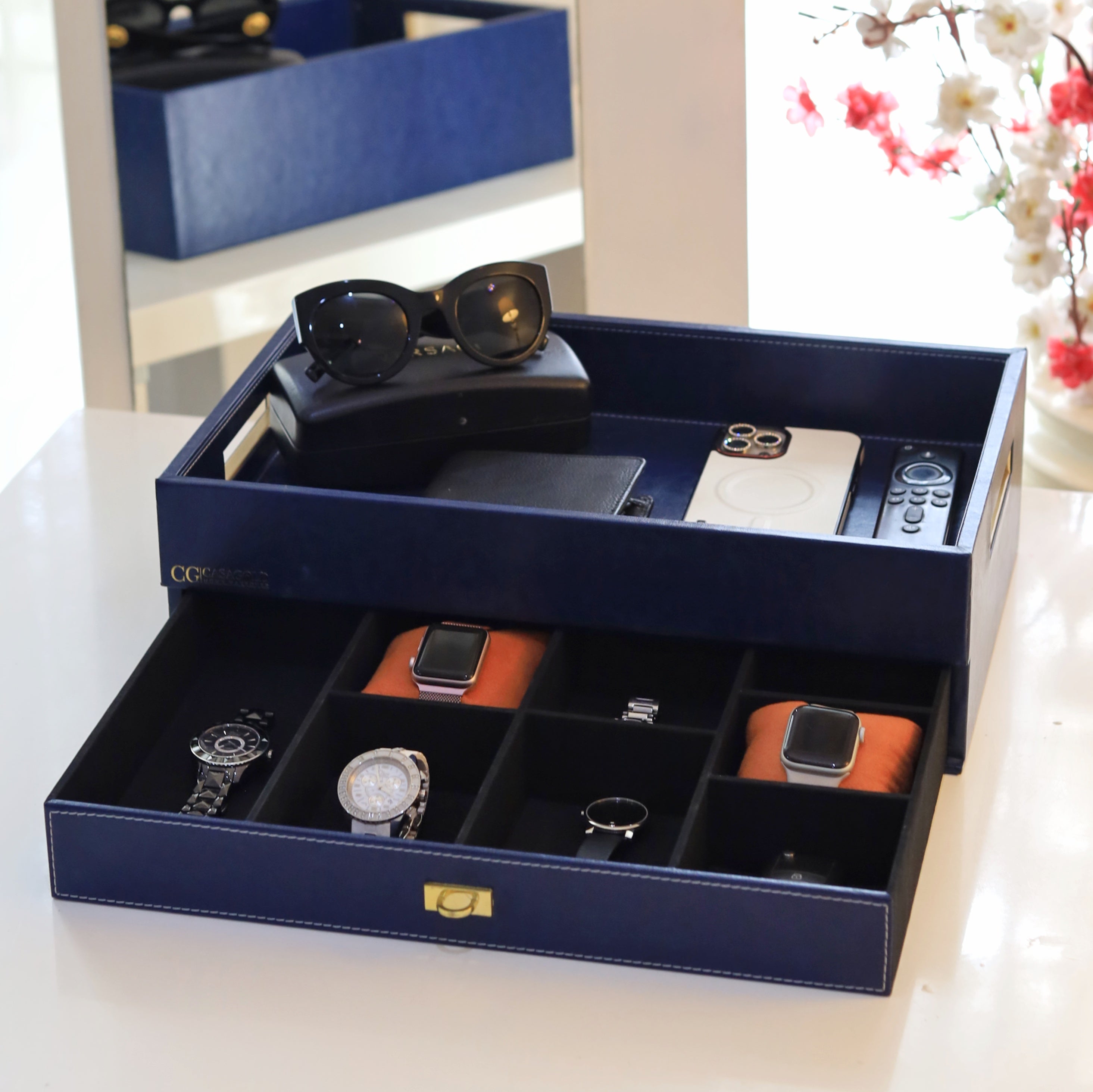 High-end tea tray with functional storage space