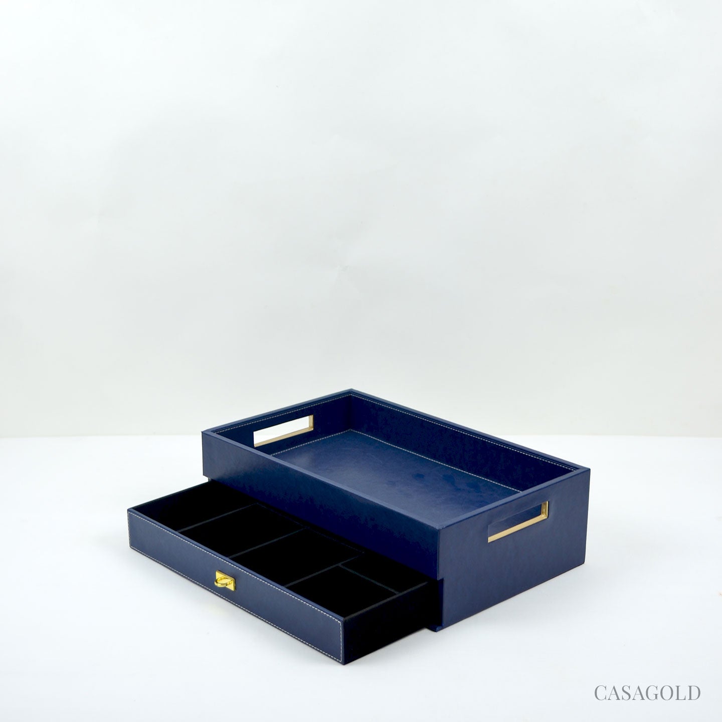 Tea tray with sleek storage drawer for organization