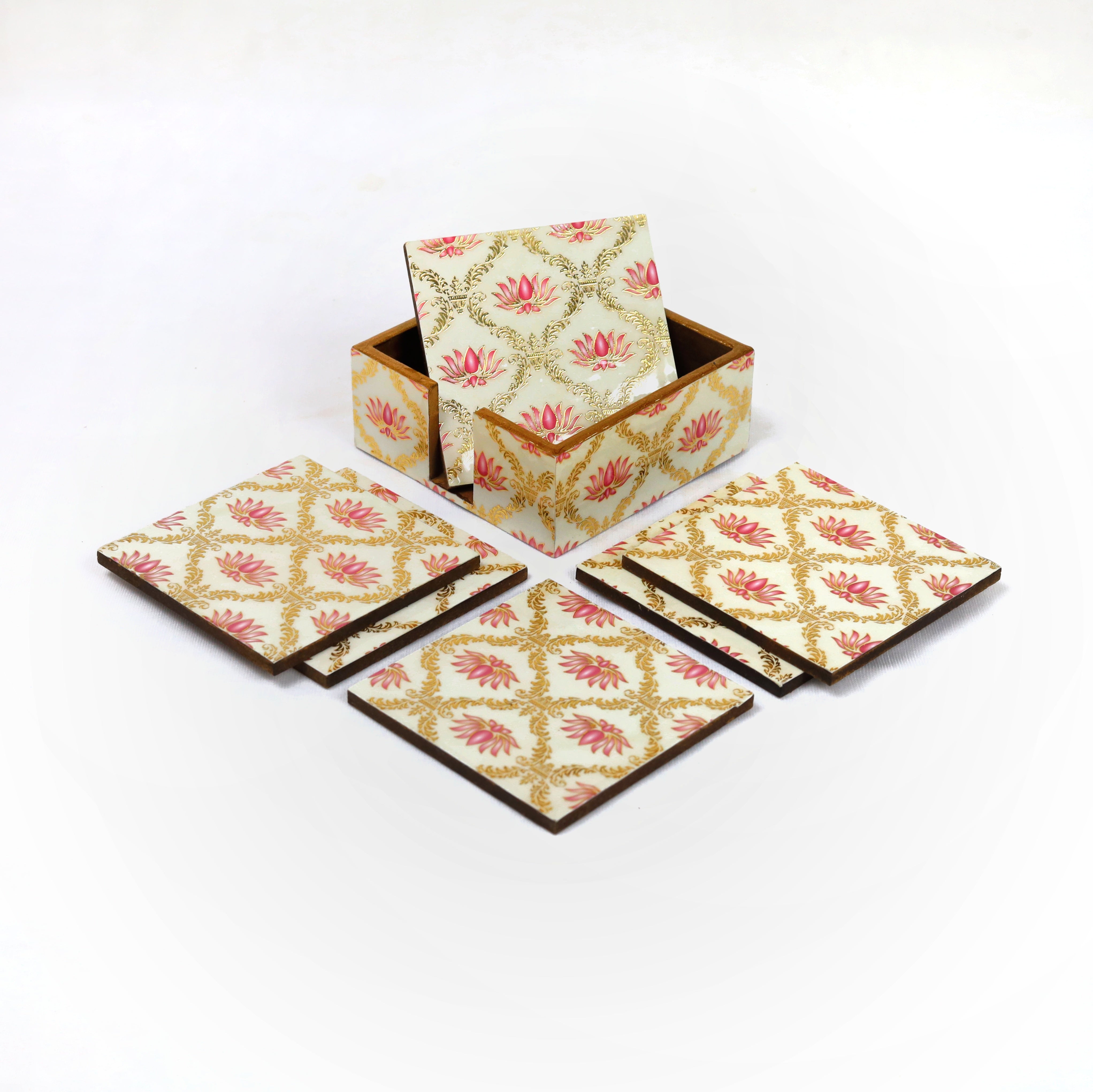 Coaster set with a covered tissue box