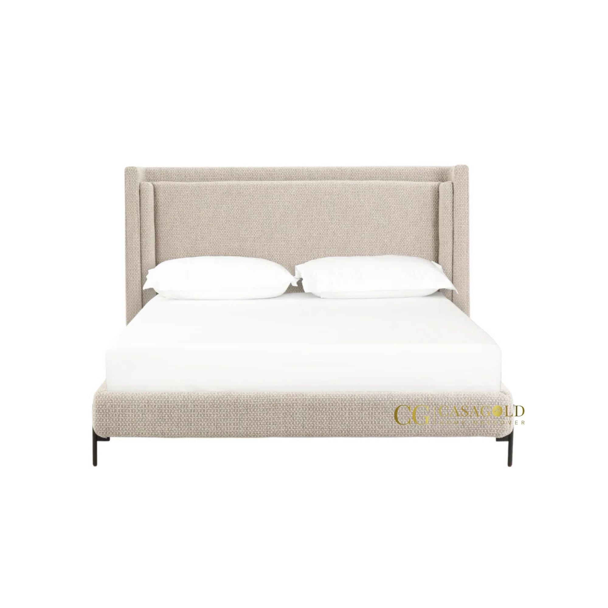 Close-up view of the shelter-style headboard and textured upholstery.