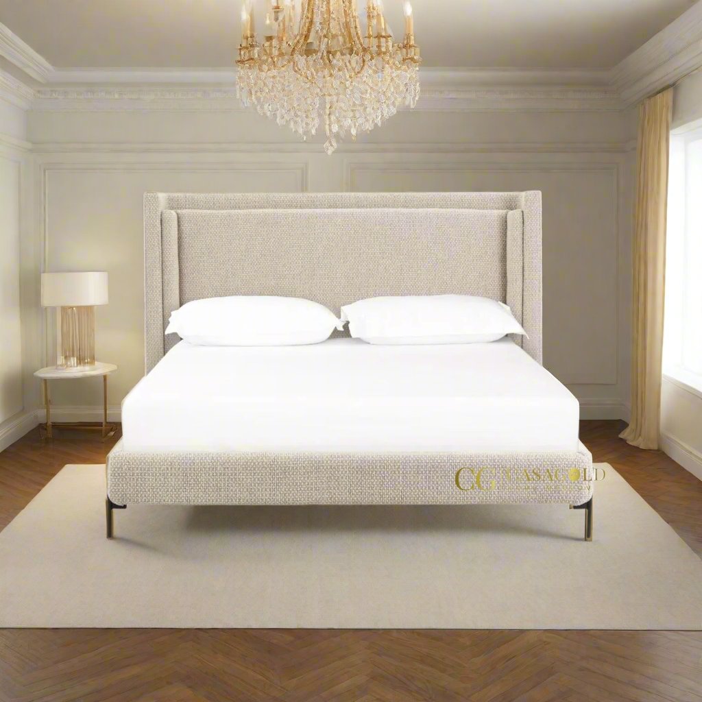 Modern upholstered shelter-style bed with gunmetal-finished cradle legs and a pinewood frame.