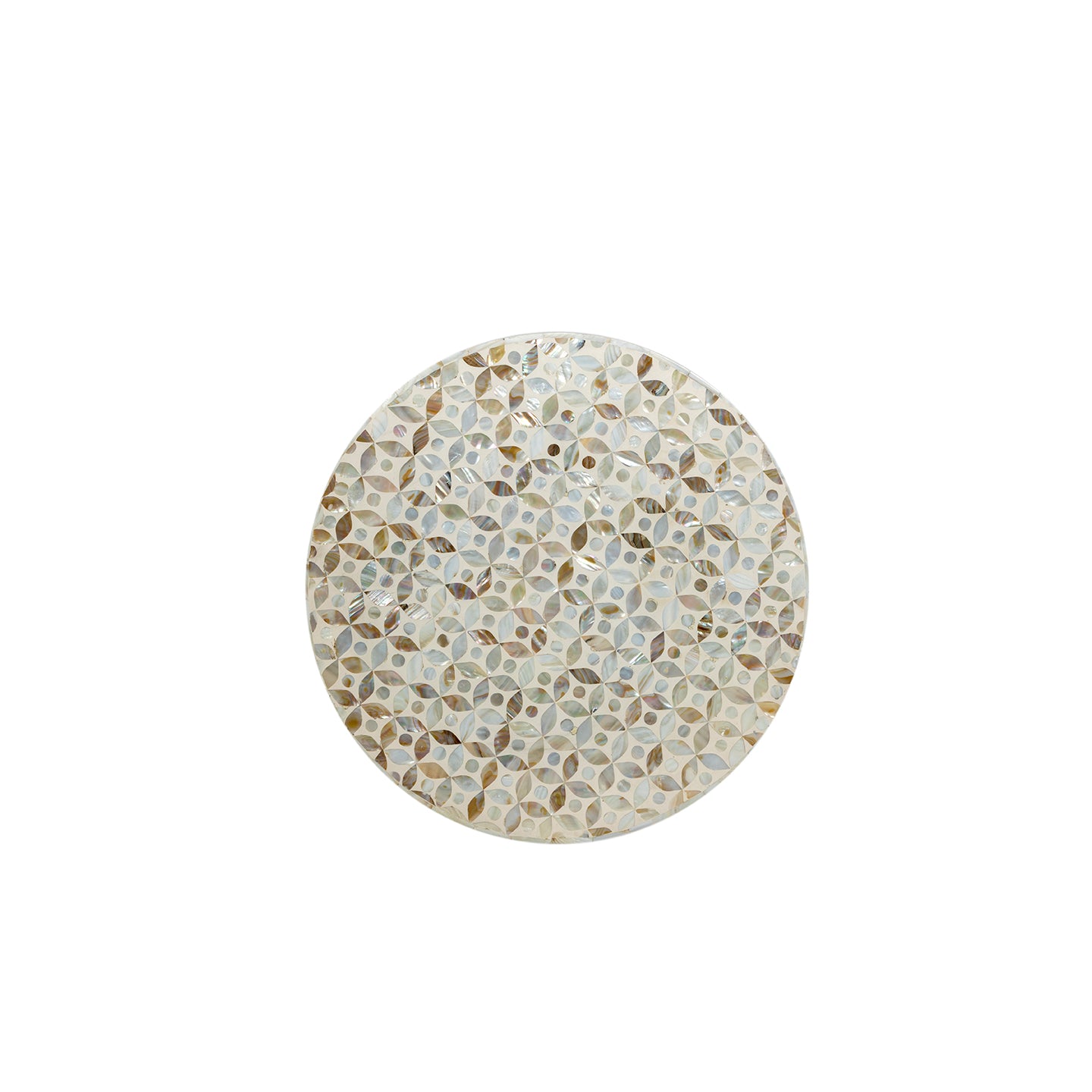"MOP inlay drum side table with geometric patterns"
