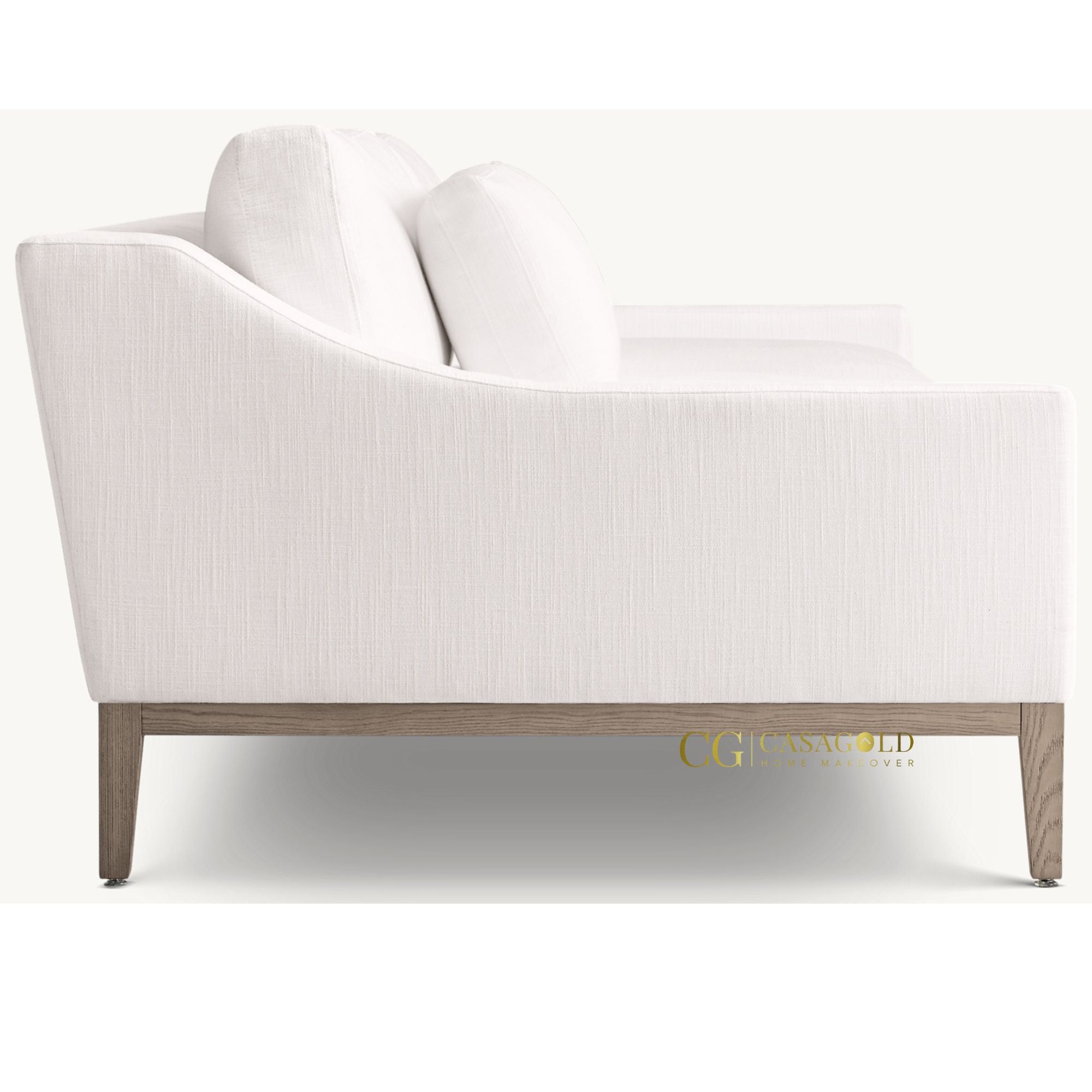 "Mid-century modern sofa with a walnut base and timeless appeal"