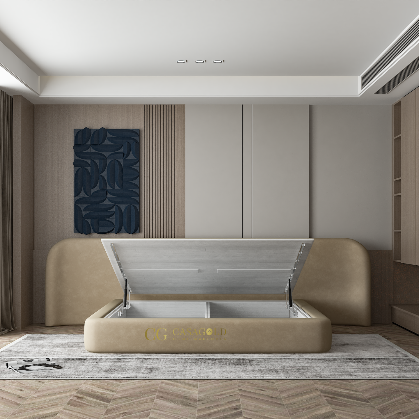 luxury bedroom with neutral tones and abstract wall art