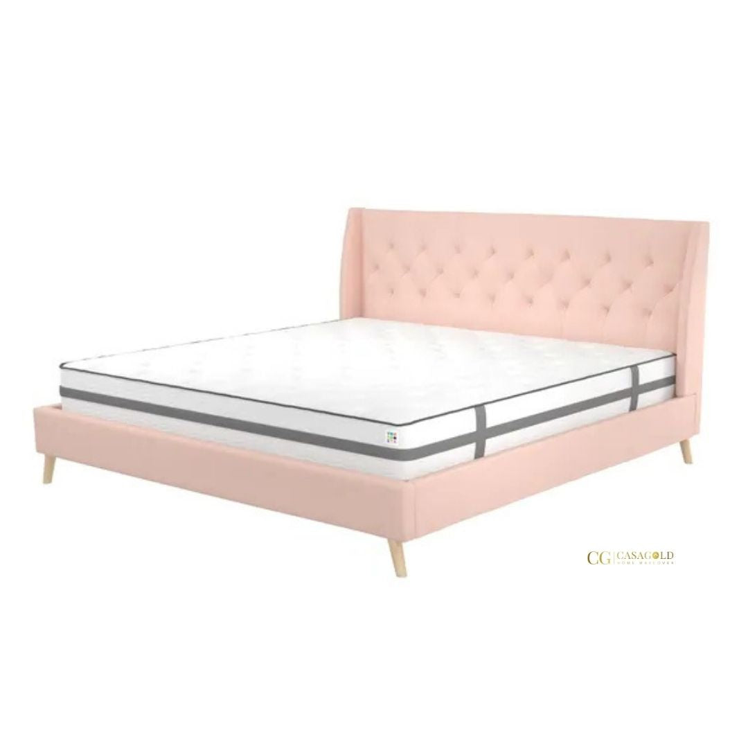 Linen bed frame in neutral tones for calm decor