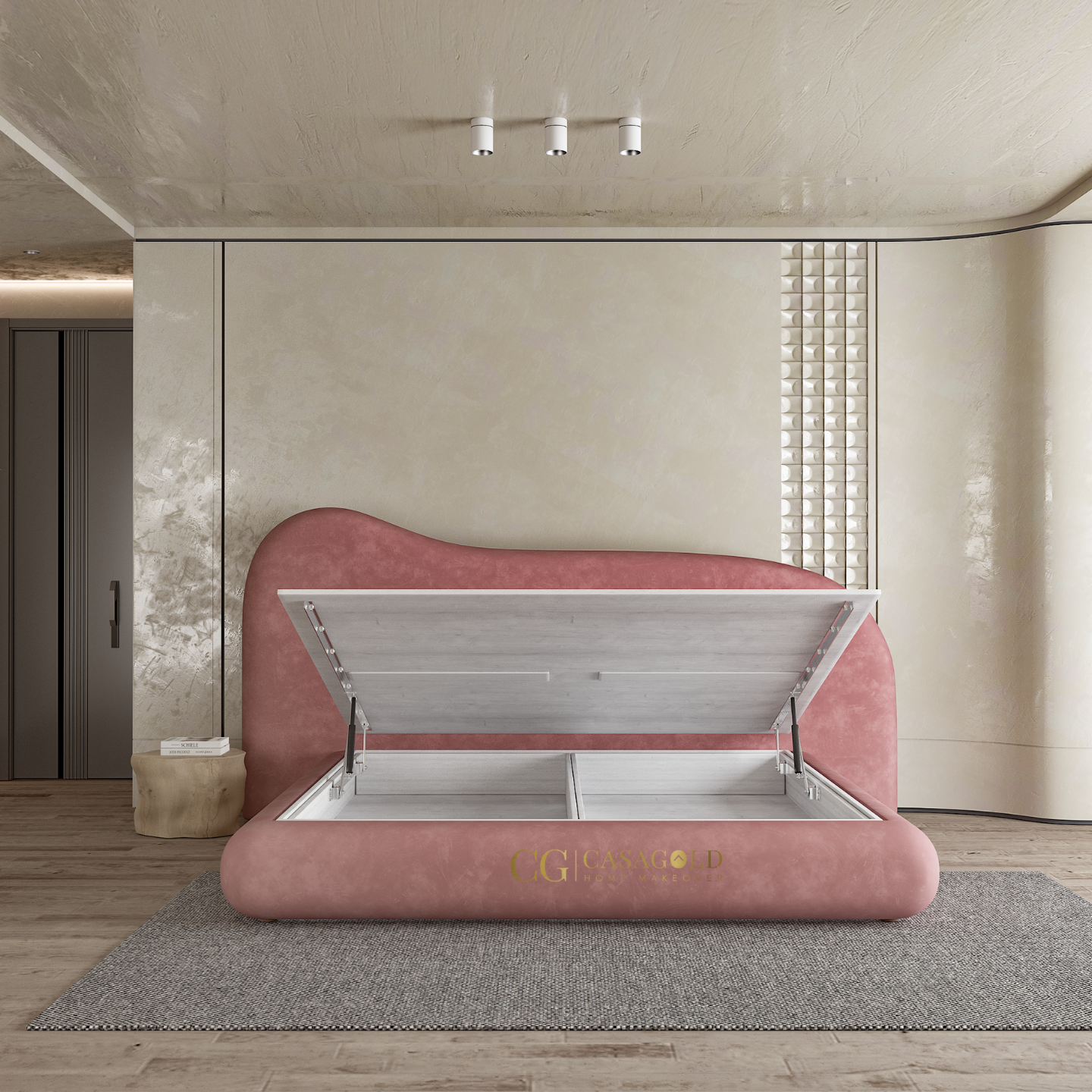 Luxury minimalist bedroom showcasing a designer bed with Casa Gold branding