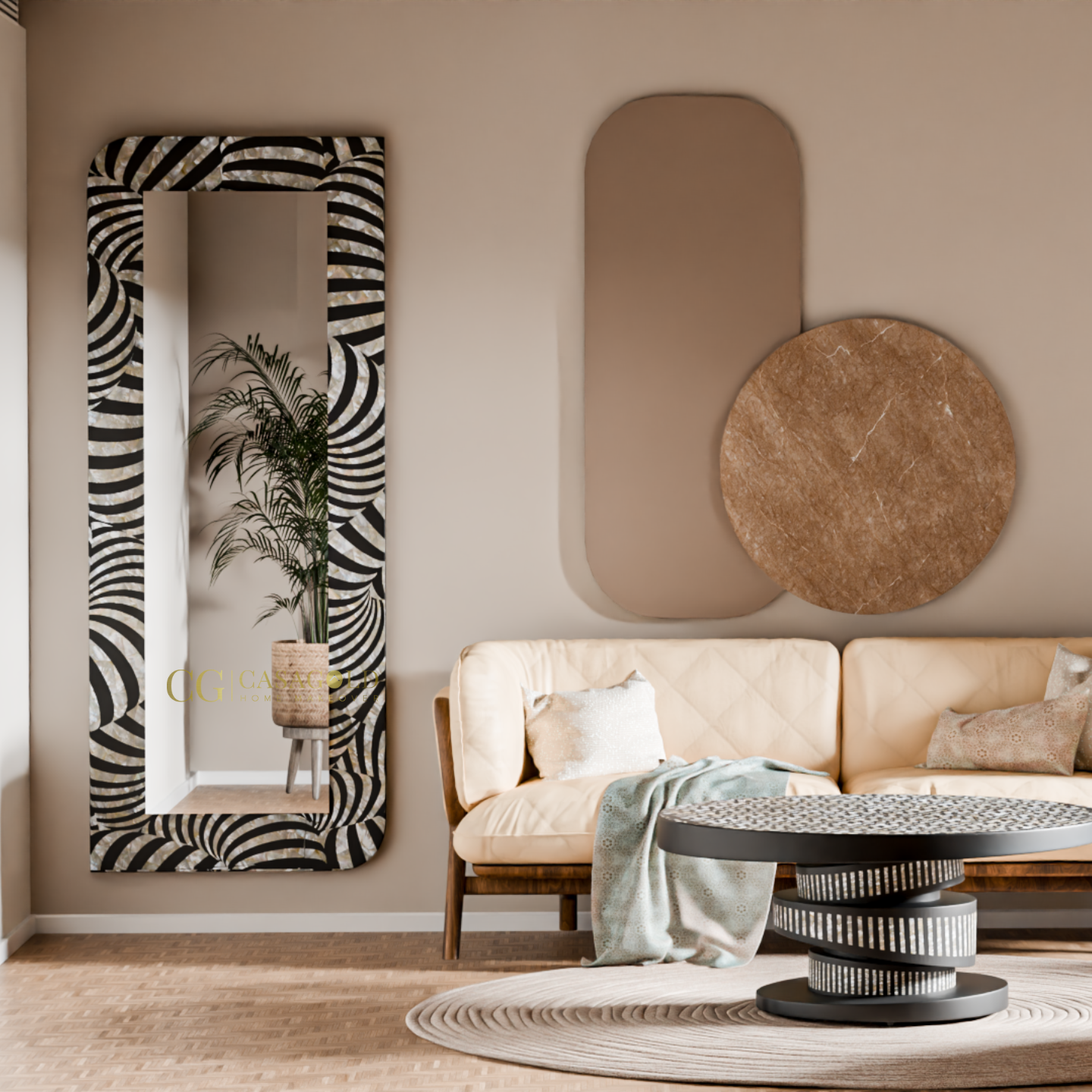 Stylish mirror mounted on a neutral wall, framed with clean vertical lines.