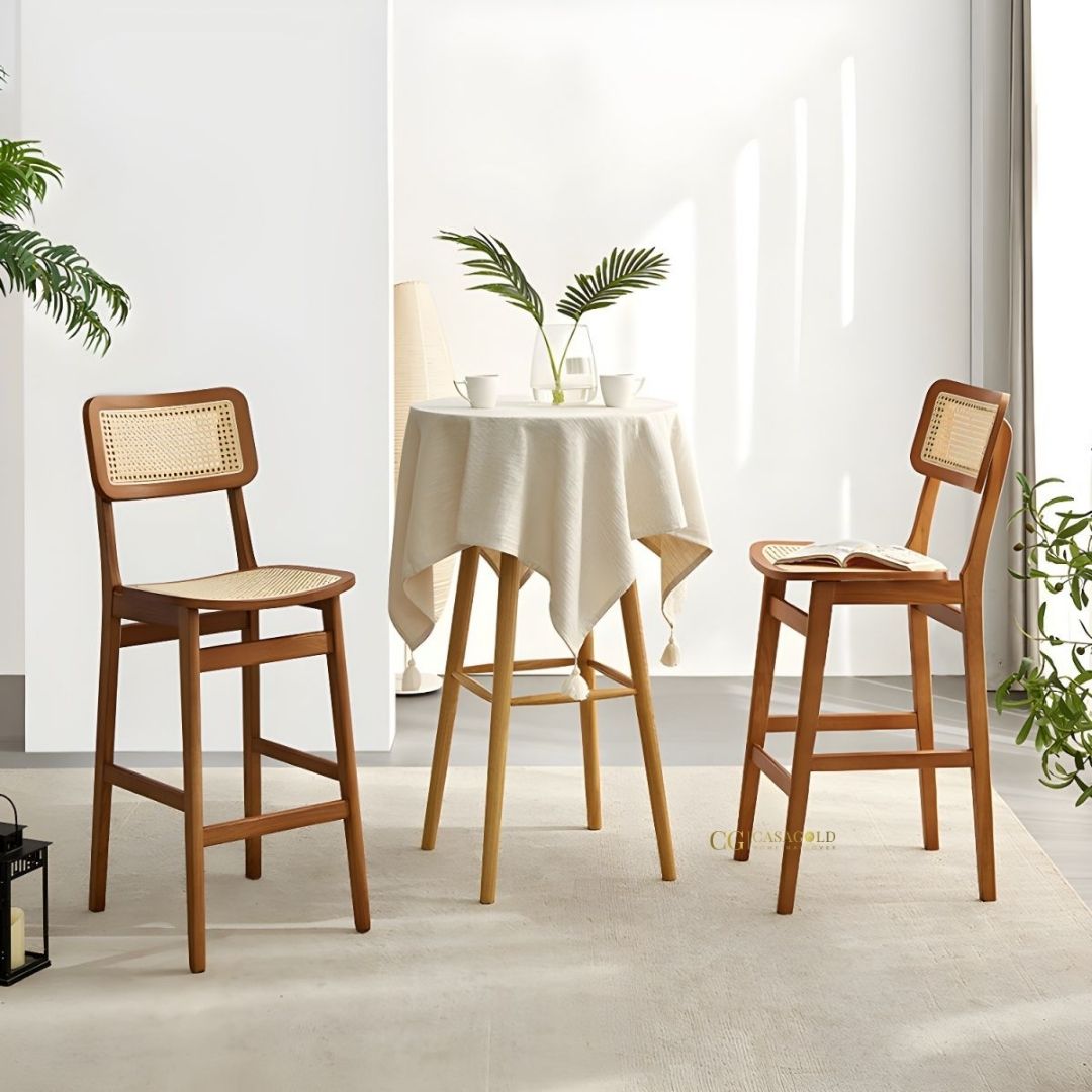 Minimalist rattan bar chair with solid wood structure