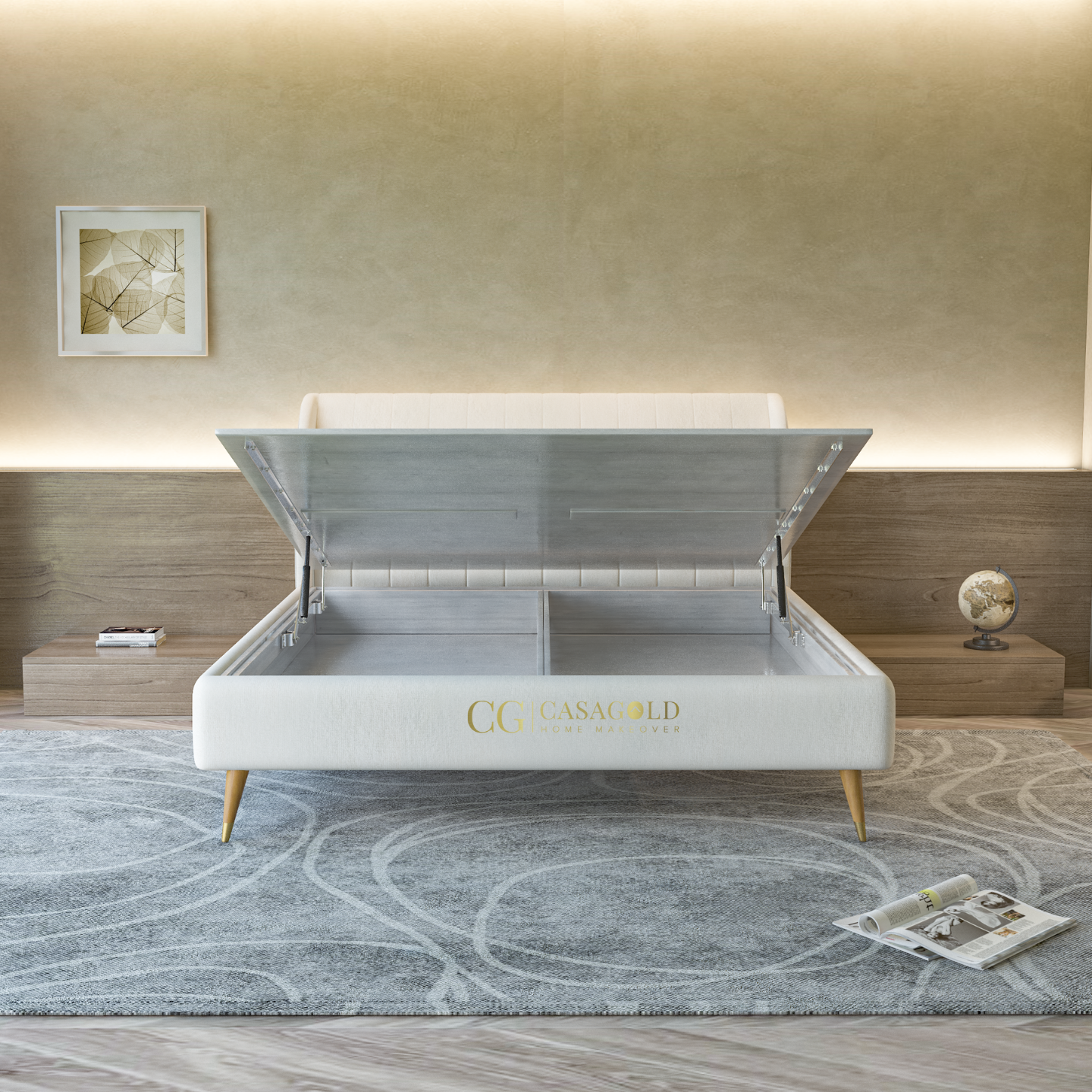A sleek and modern storage bed featuring a soft upholstered frame, wooden legs, and a hydraulic lift mechanism
