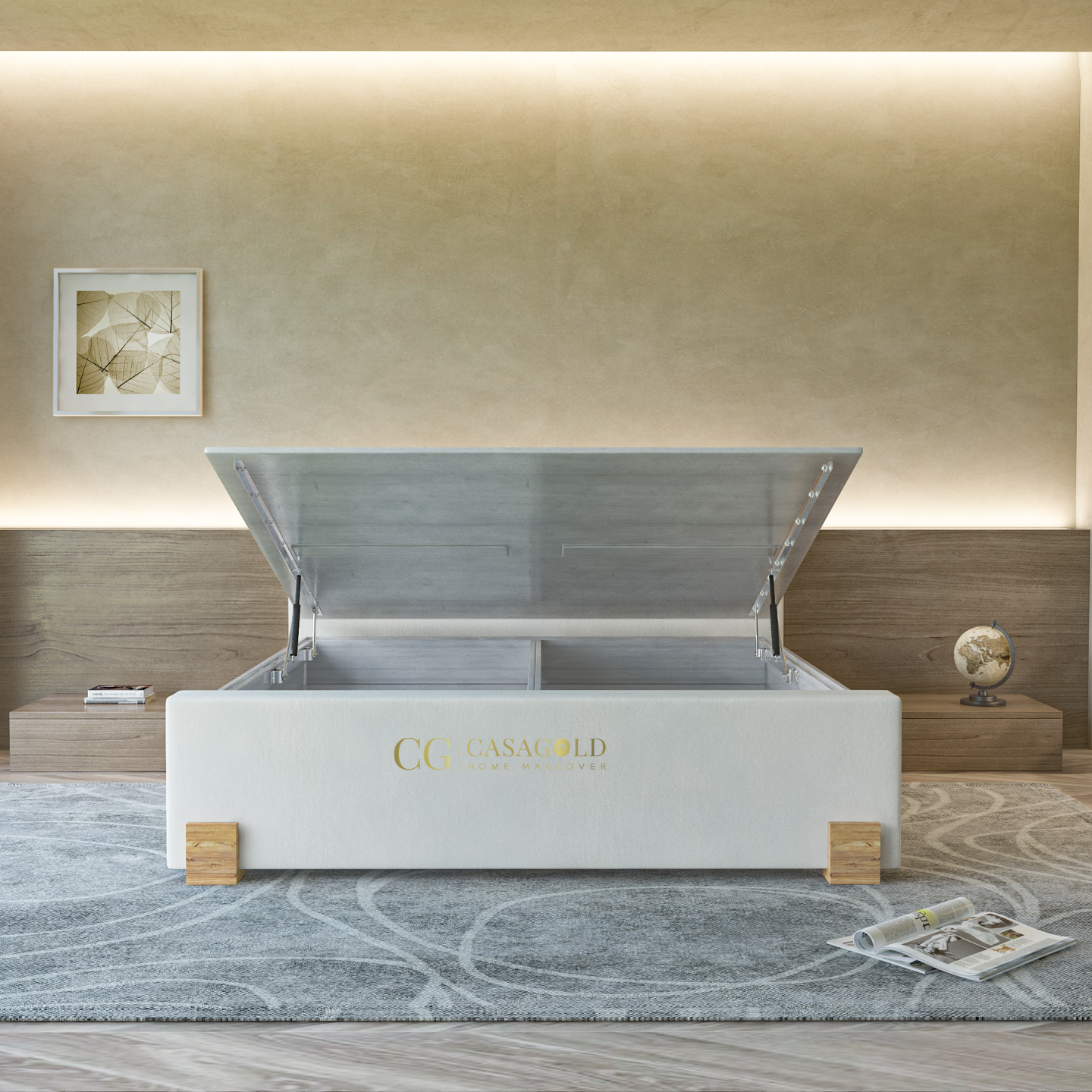 Sleek white upholstered bed featuring a hydraulic lift storage compartment and natural wooden legs, set in a modern, minimalist bedroom interior