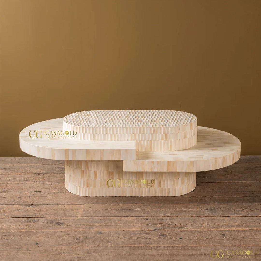 "Minimalist oblong coffee table featuring bone inlay designs"