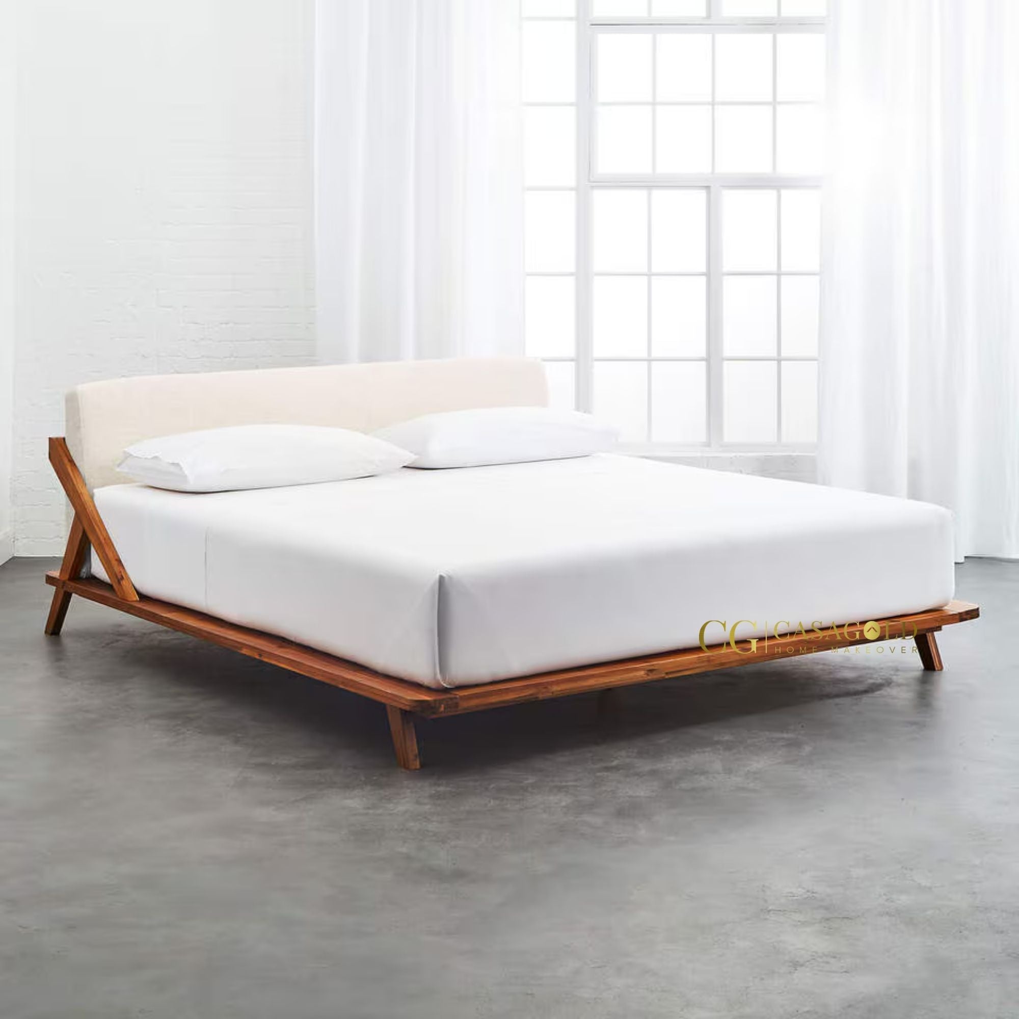 Elegant Acacia Wood Bed with Ivory Upholstered Headboard