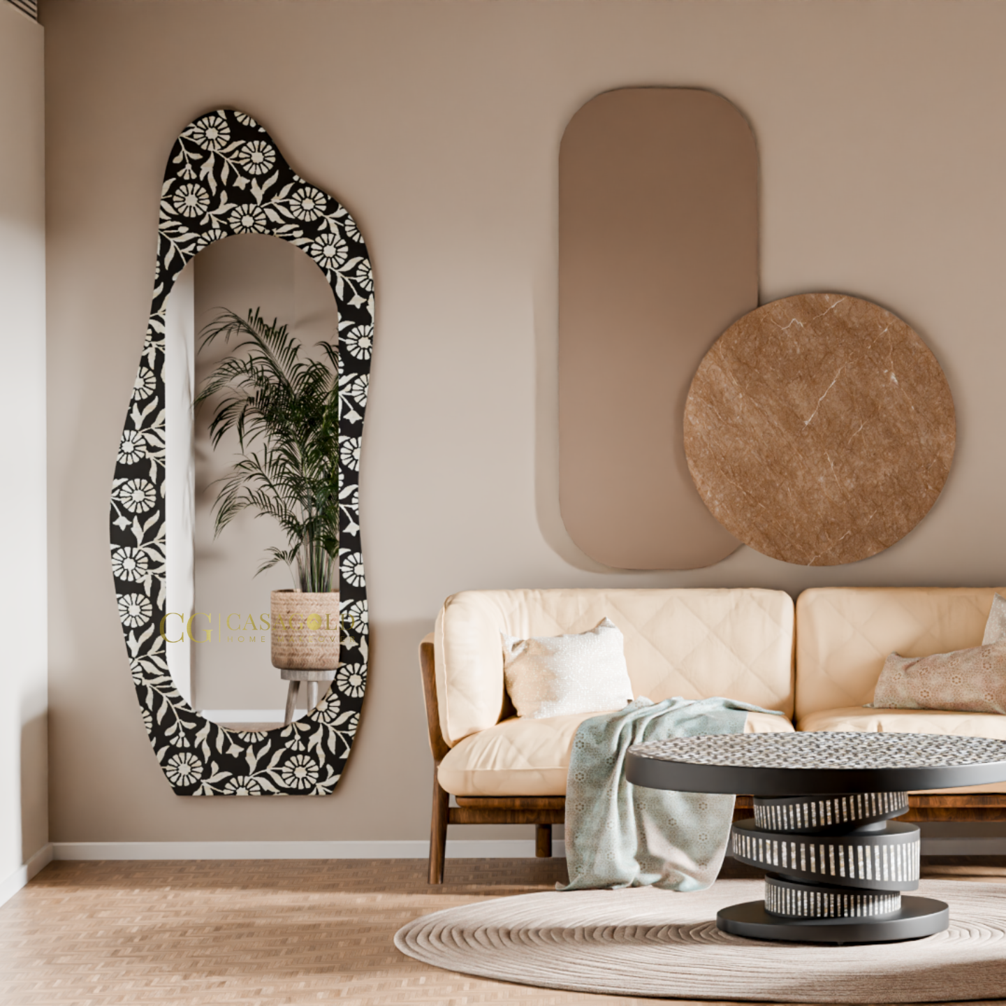 Elegant wall mirror with a unique flowing shape and mosaic-style floral design.