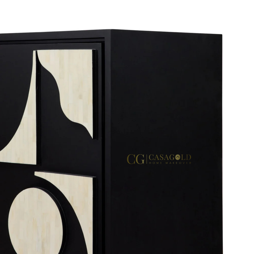 Graphic patterned cabinet in a contemporary room setting with soft, neutral furnishings.