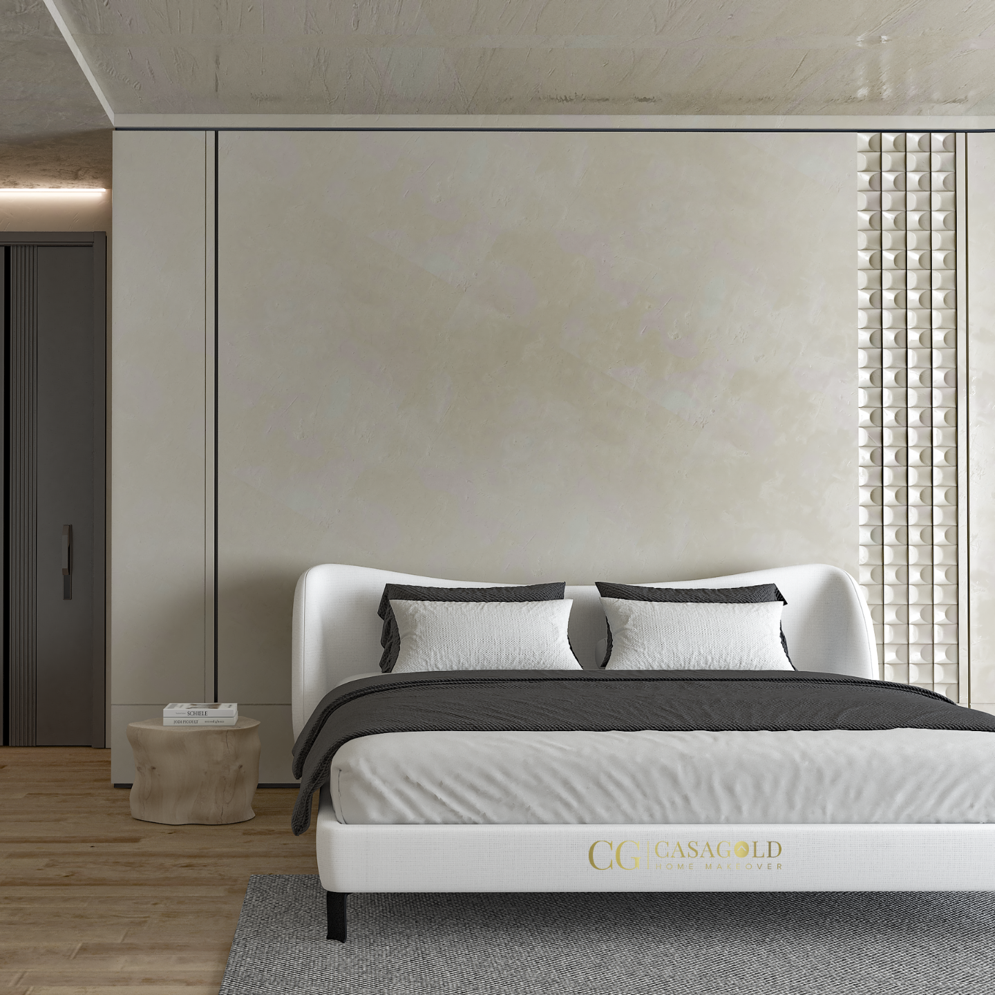 Front-facing view of a sleek, low-profile bed with simple decor.