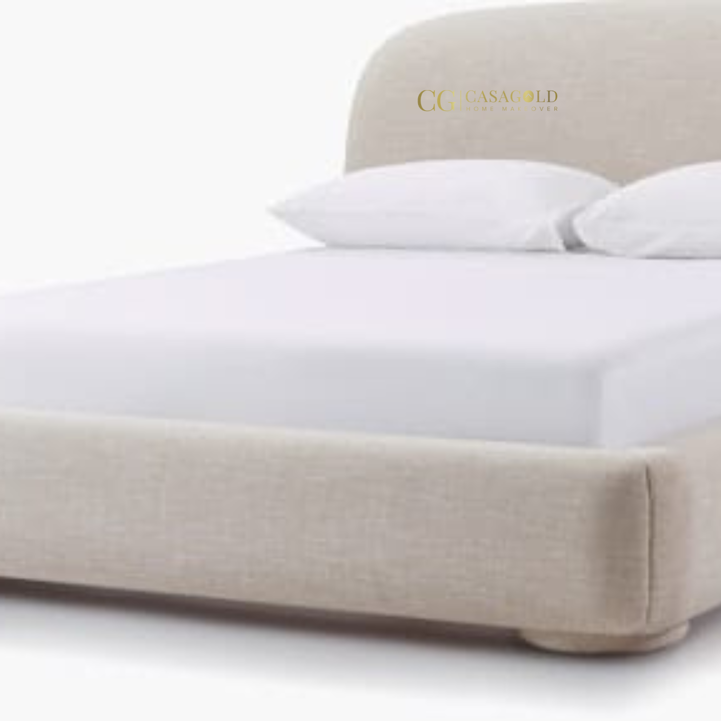 Beige upholstered bed with soft headboard