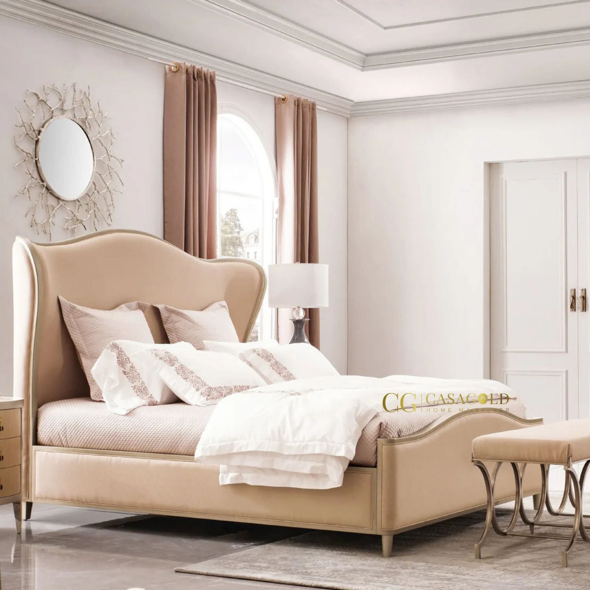 Scalloped Headboard Bed with Gold Legs