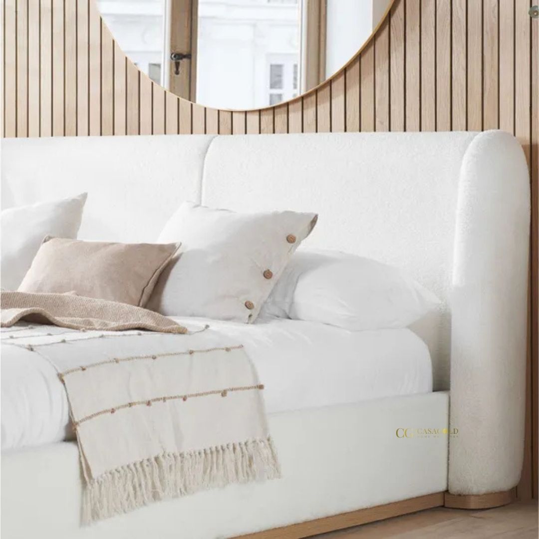 White boucle bed frame for a modern, cozy touch