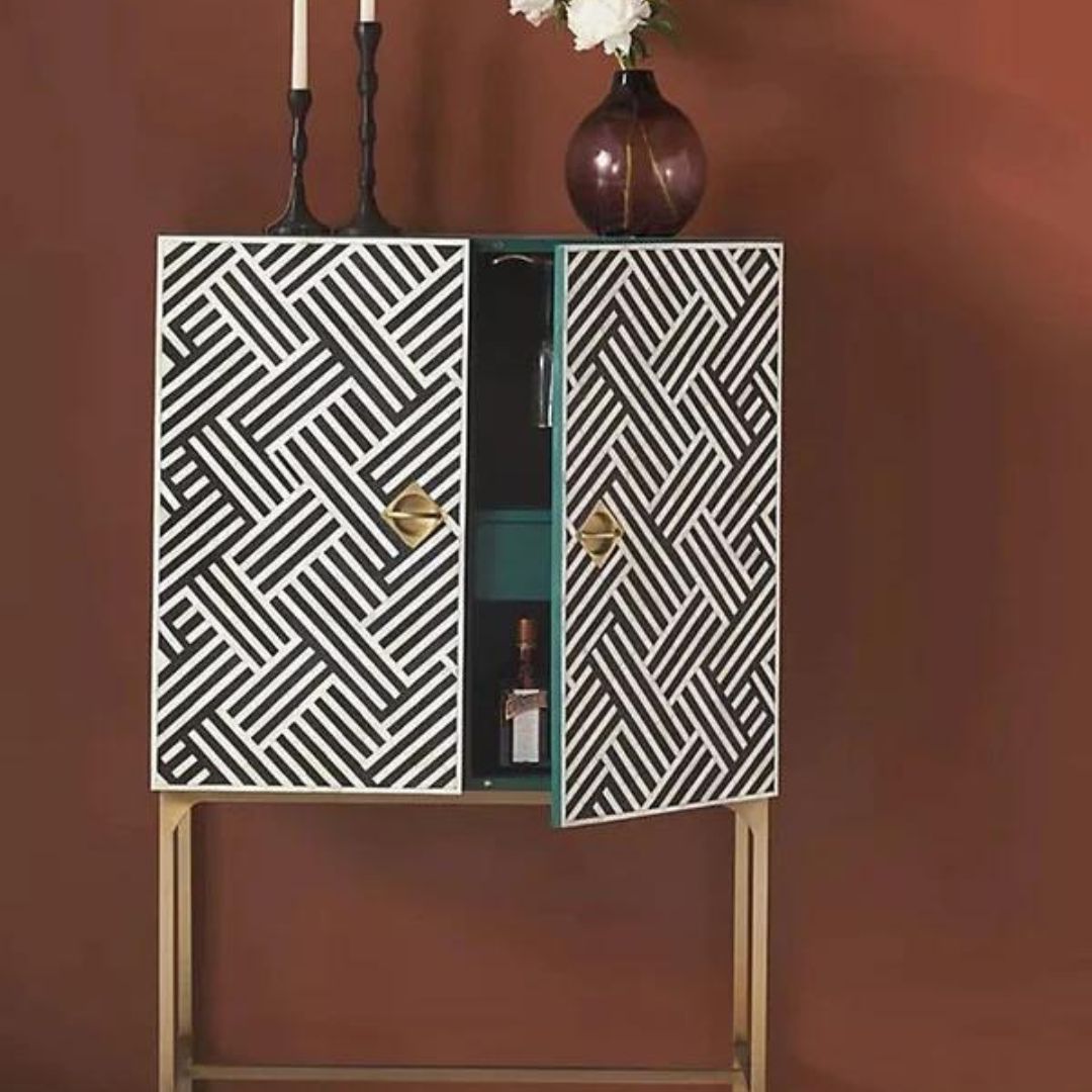 Modern Chevron Bone Inlay Storage Cabinet