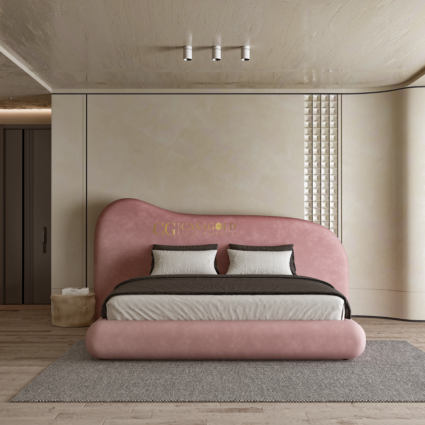 Contemporary bedroom with a blush pink curved headboard bed and minimalist decor