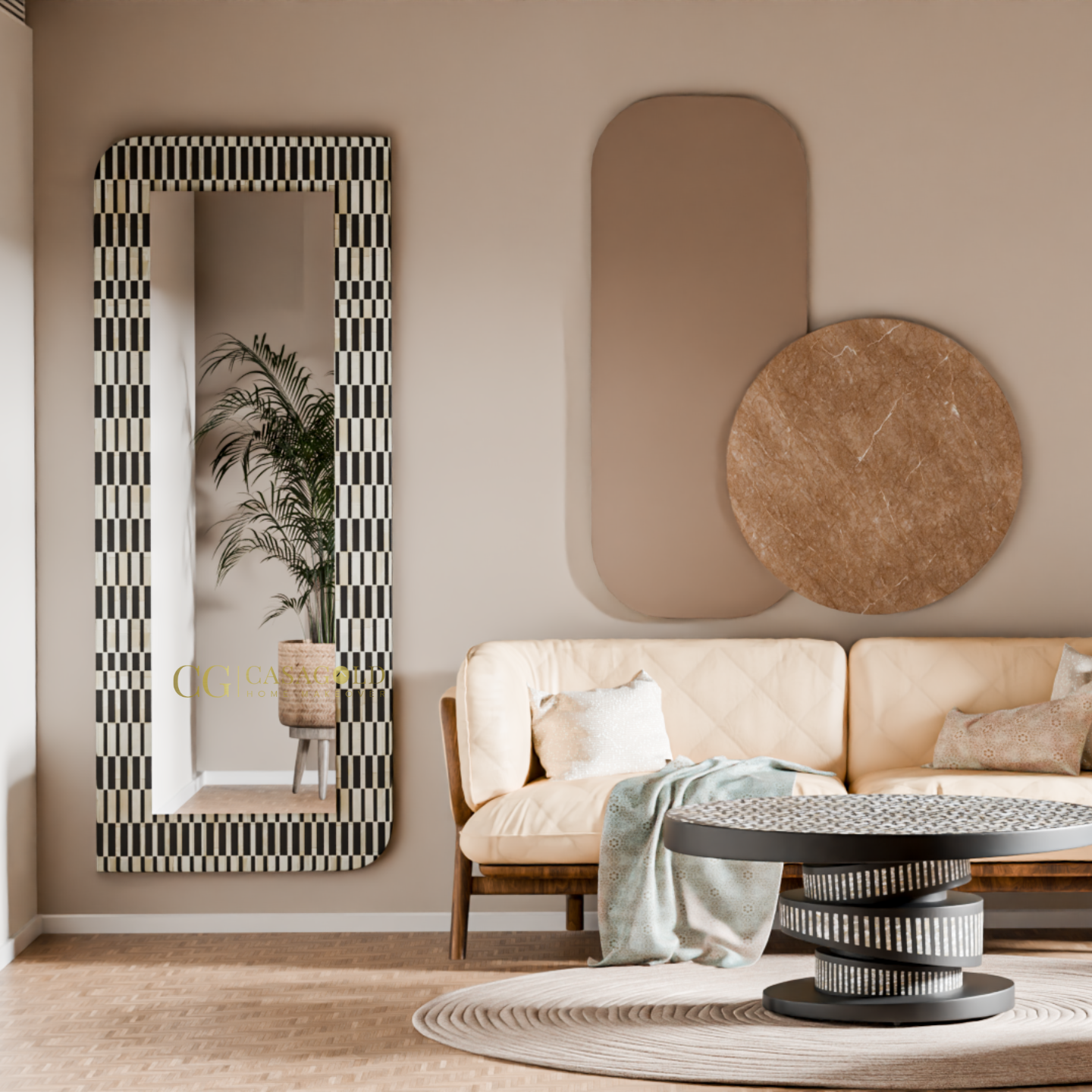 Decorative wall mirror with sleek striped frame adding height and depth to the room.