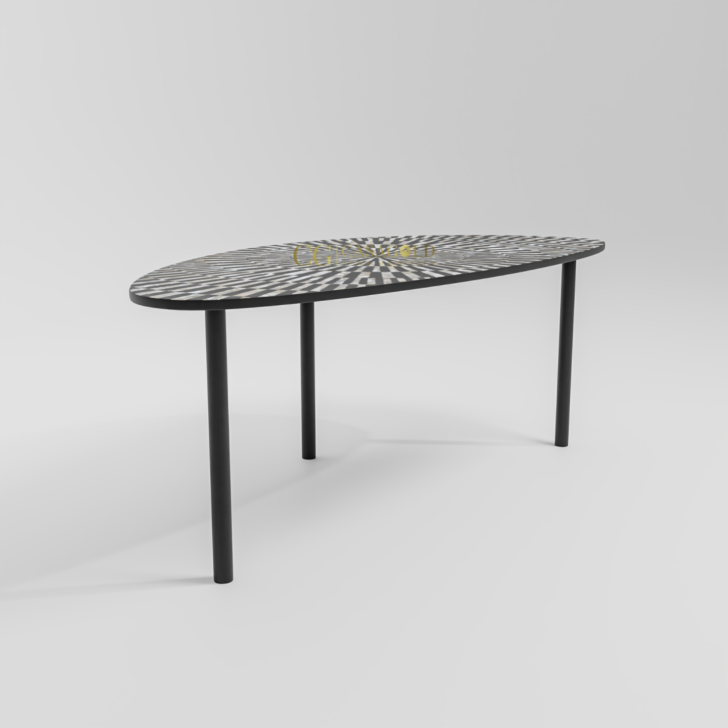 A modern dining setup showcasing a uniquely patterned circular table