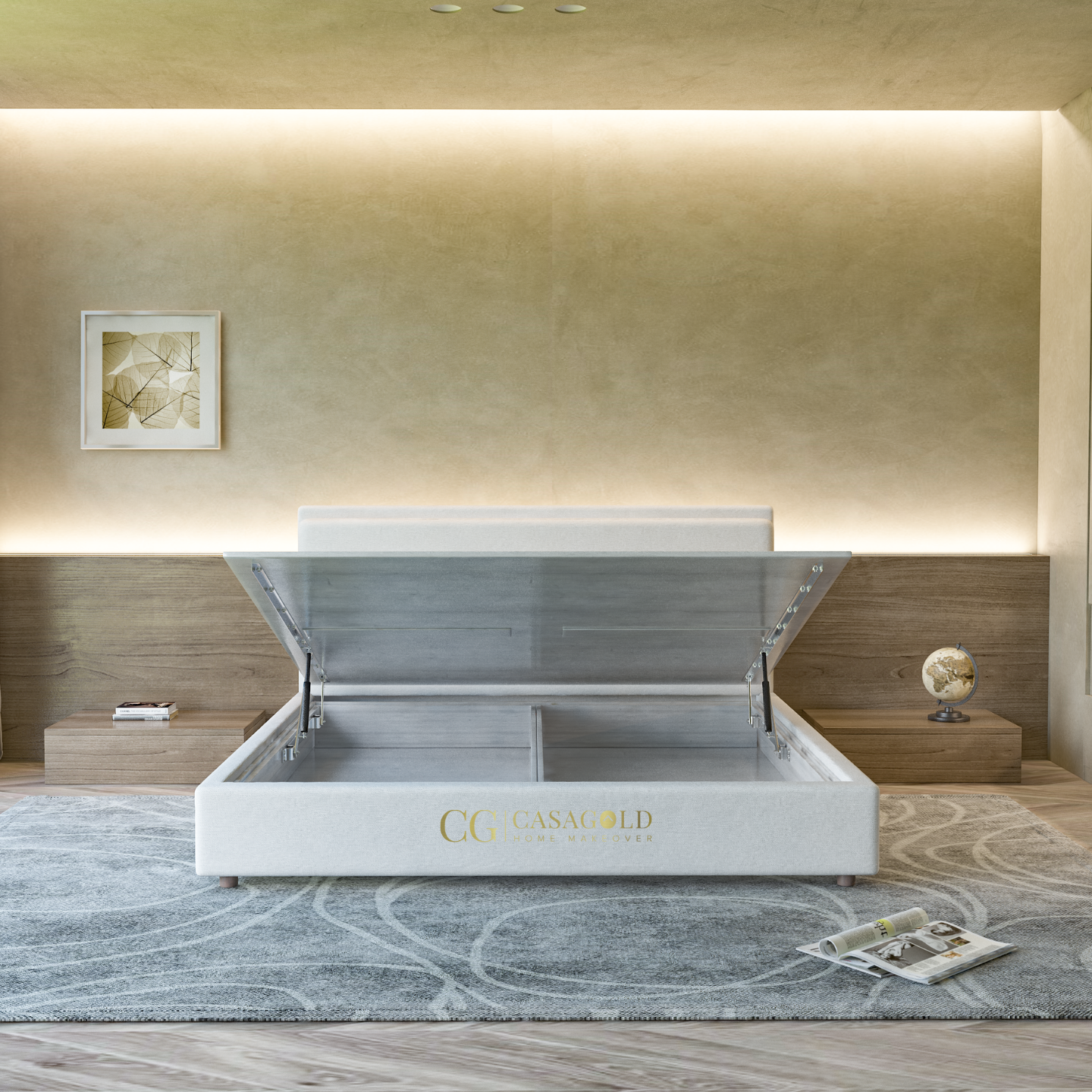 A stylish white upholstered bed with a hydraulic lift-up storage system