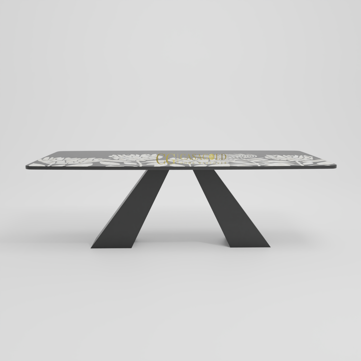 Stylish dining table with a black surface adorned with blooming floral patterns, supported by sleek slanted pedestal legs.