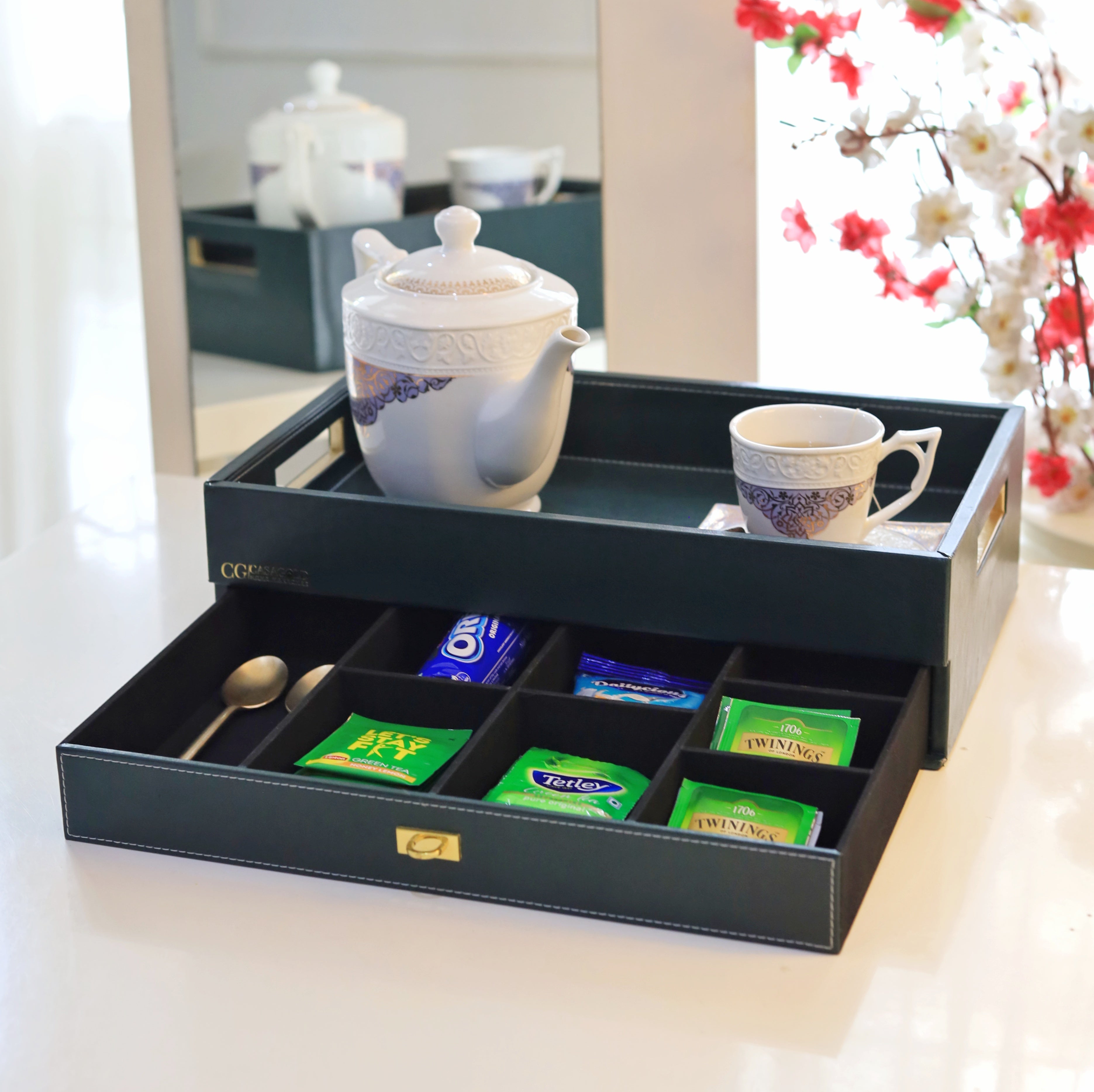 Stylish modern tea tray with storage for tea essentials