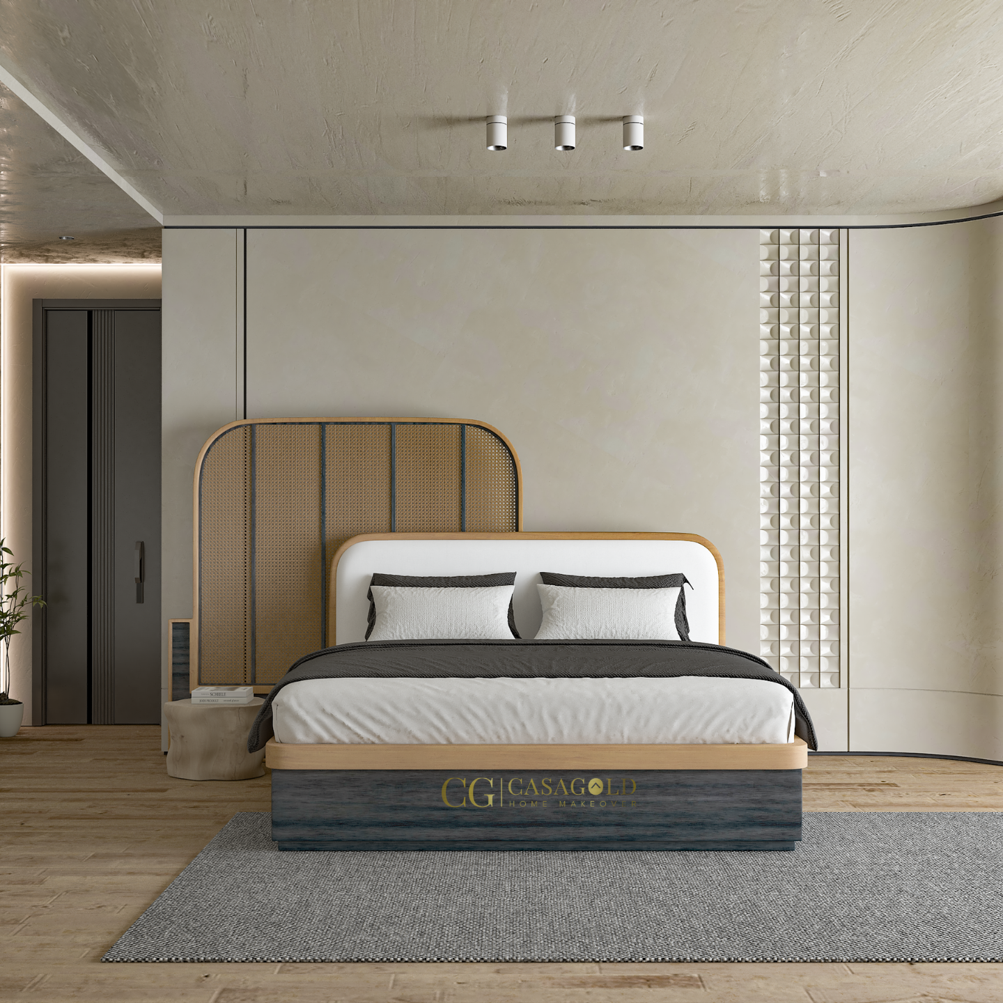 Modern bed with wooden frame and neutral bedding in a stylish bedroom.