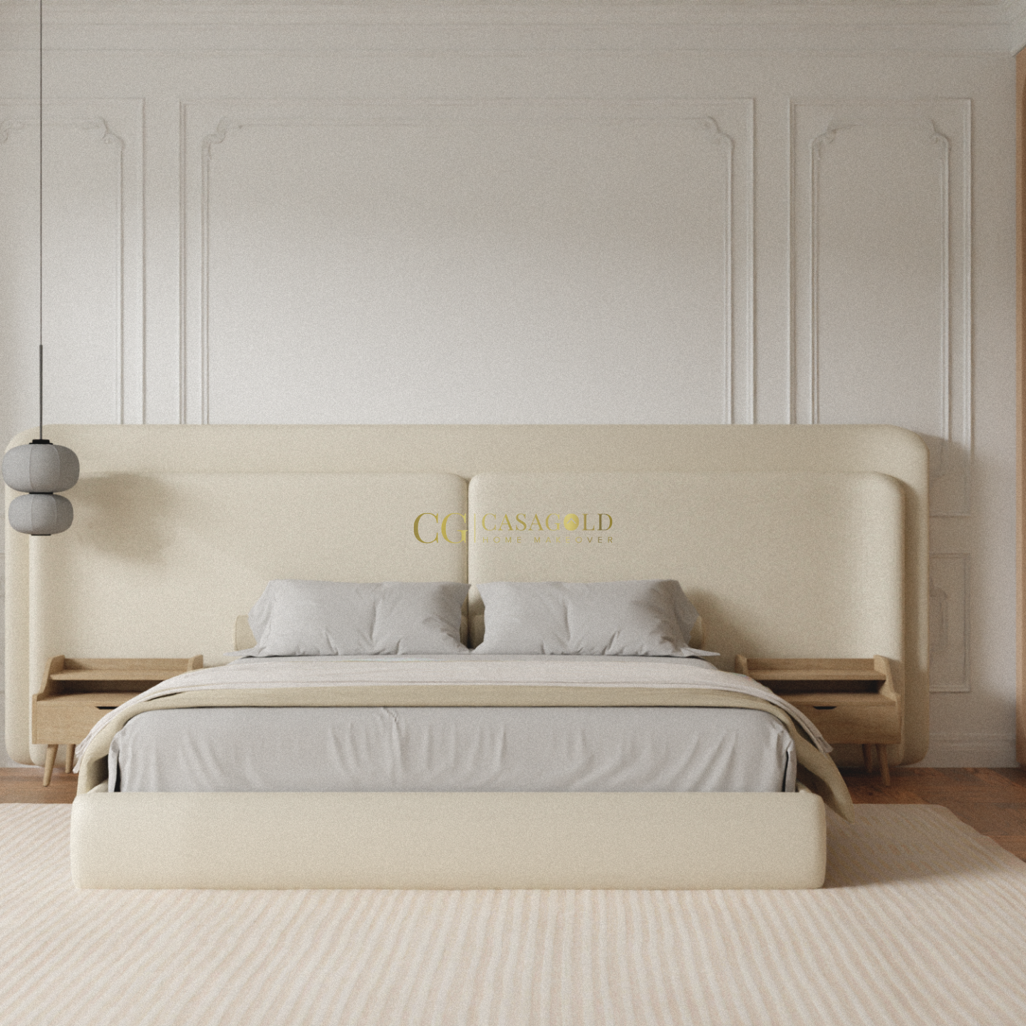 A modern upholstered bed with an extended headboard and built-in wooden side tables in a minimalist bedroom