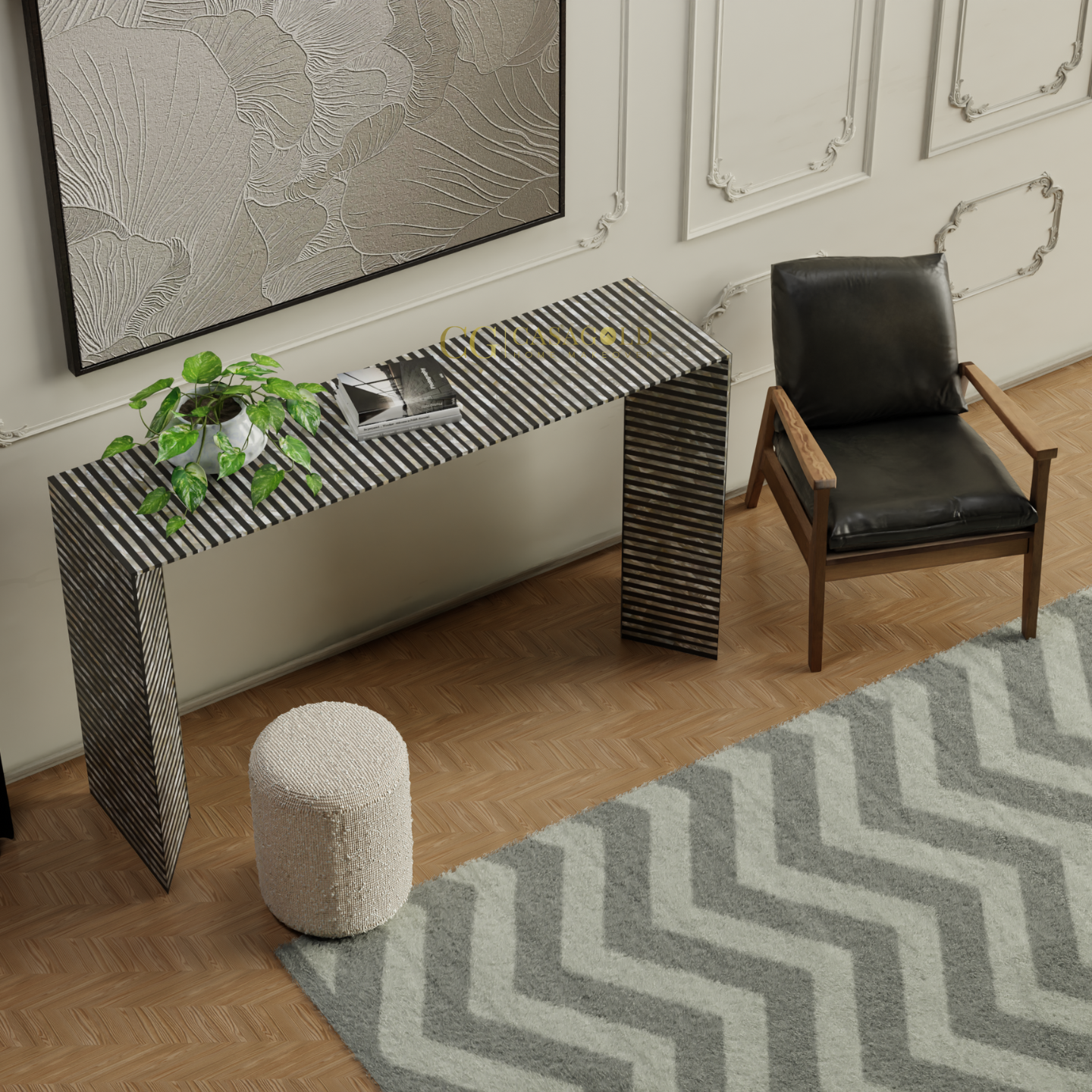 Black and white arched console table with a modern art piece and a small plant on top