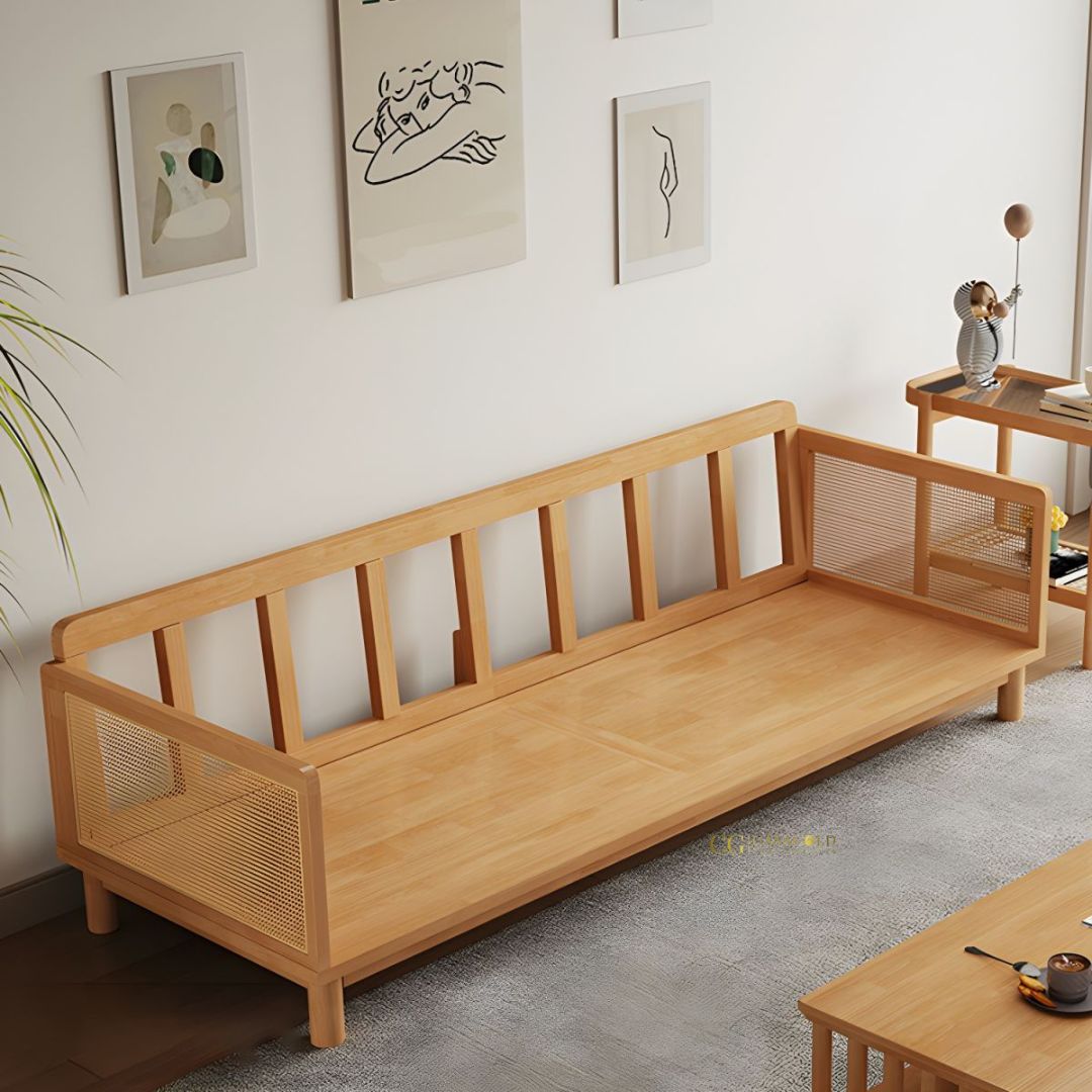 Modern Rattan Sofa with Wooden Frame