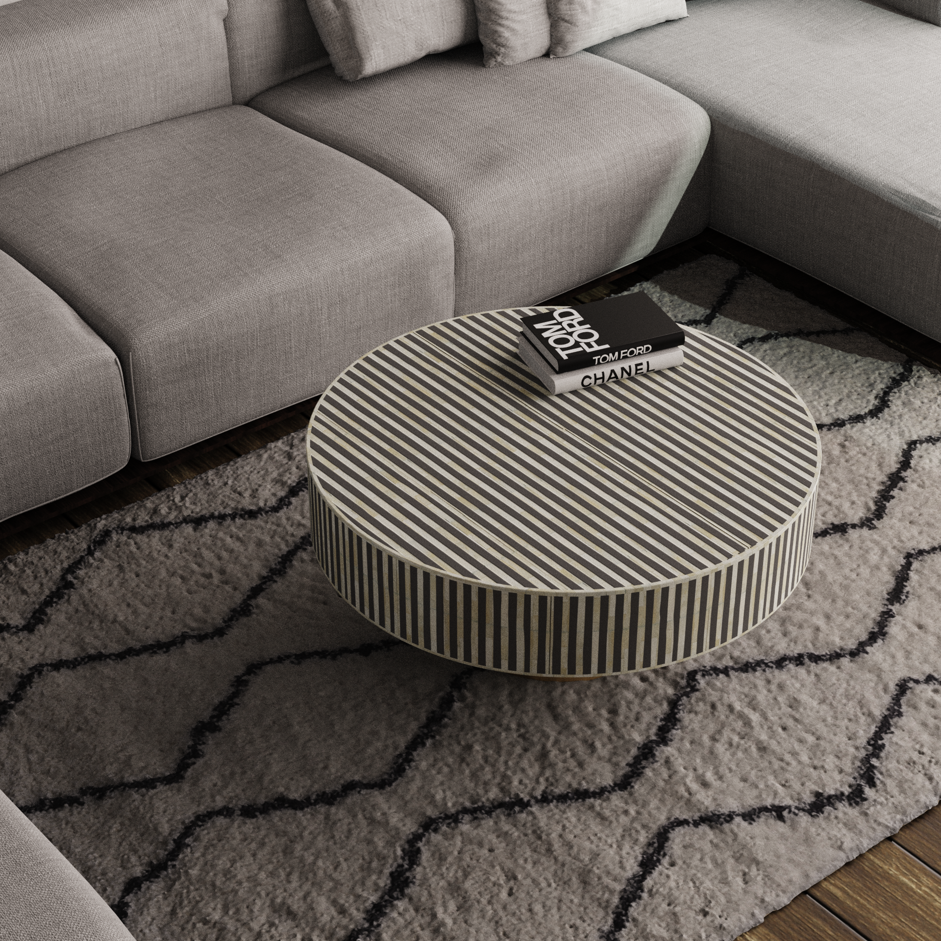 Modern boho round bone inlay coffee table