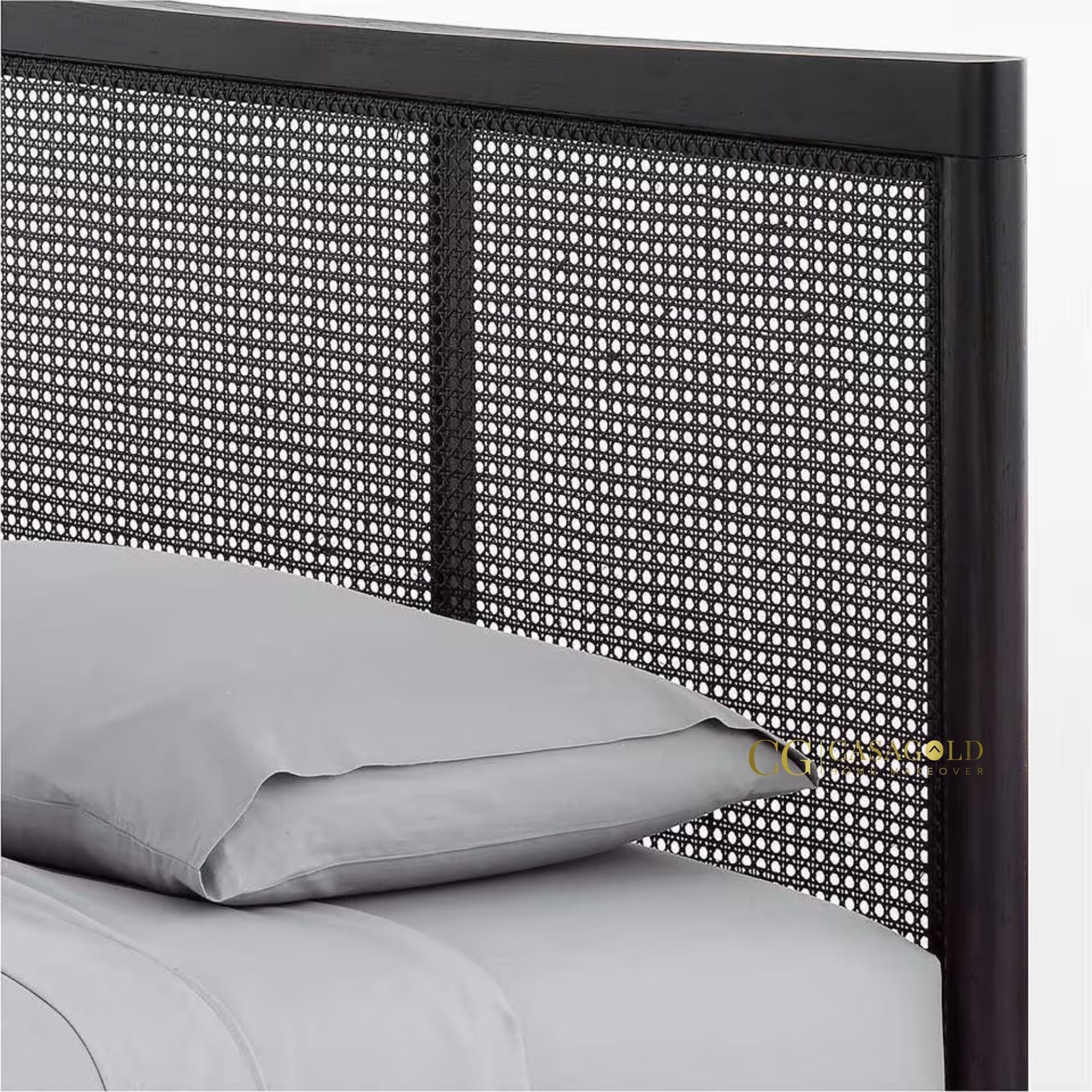 Modern rattan headboard bed with mahogany slats