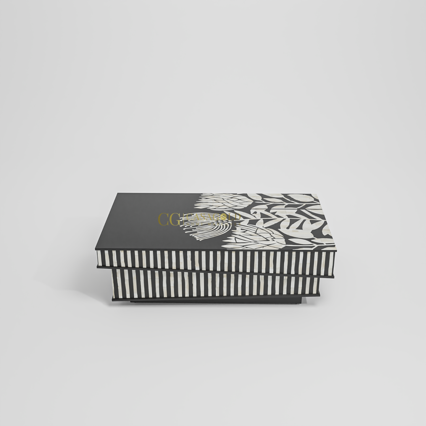 Rectangular coffee table with black-and-white patterned top and vertical striped base.